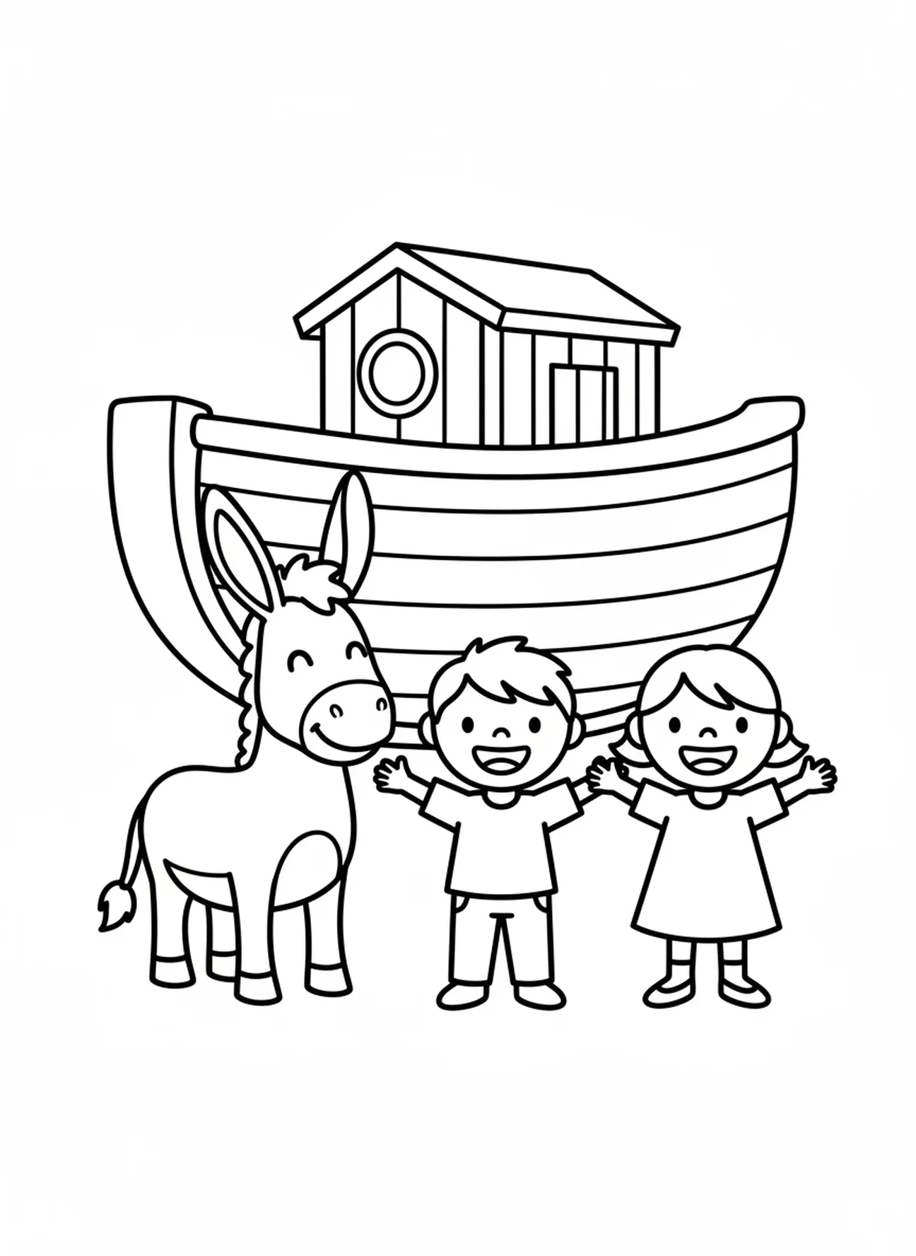 Un âne amical avec des enfants joyeux, page à colorier de l'âne biblique pour les préscolaires de 3 à 5 ans.