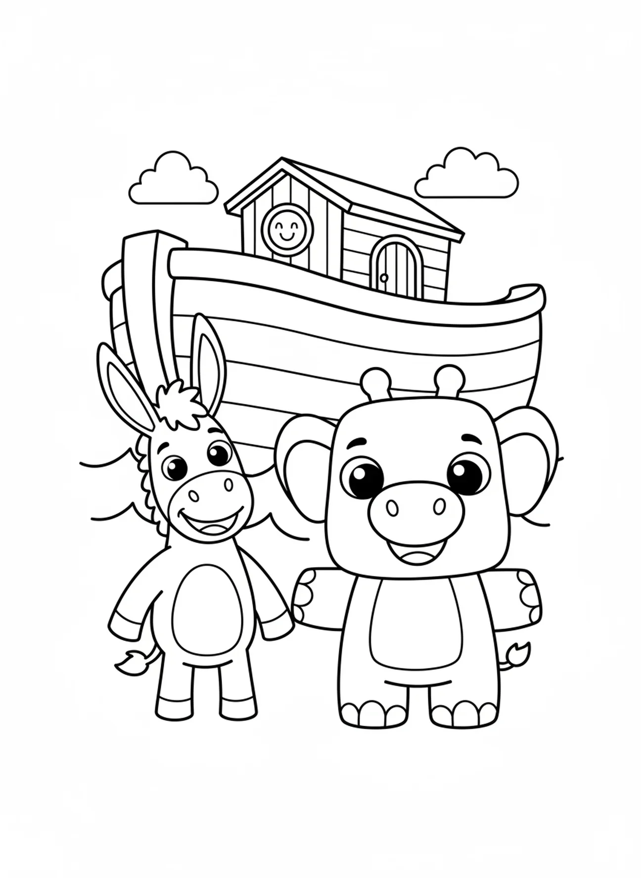 Un âne amical et un grand animal de dessin animé, page à colorier de l'âne biblique pour les enfants d'âge préscolaire de 3 à 5 ans.