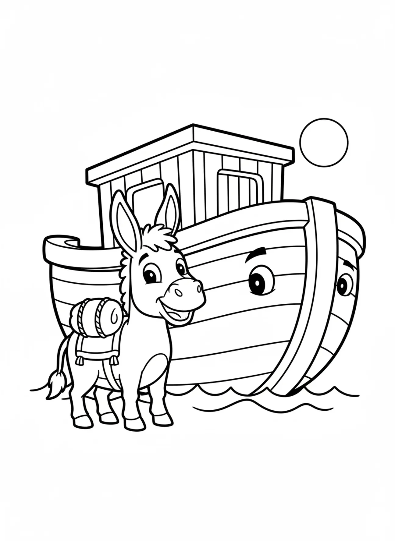 Âne joyeux portant un paquet, page à colorier Bible Âne pour les enfants d'âge préscolaire de 3 à 5 ans.