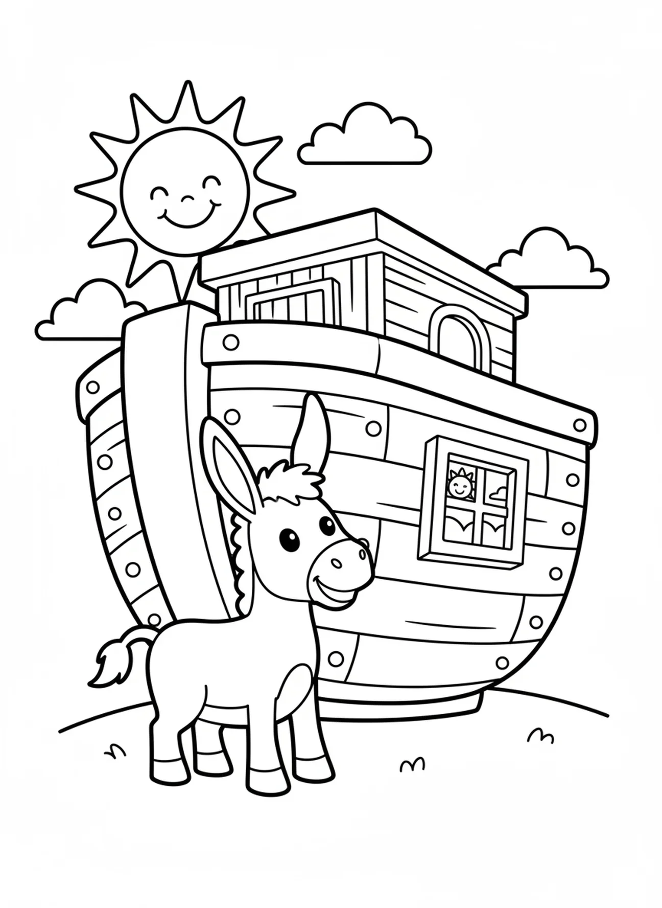 Âne joyeux au soleil, page à colorier Bible Âne pour les enfants d'âge préscolaire de 3 à 5 ans.