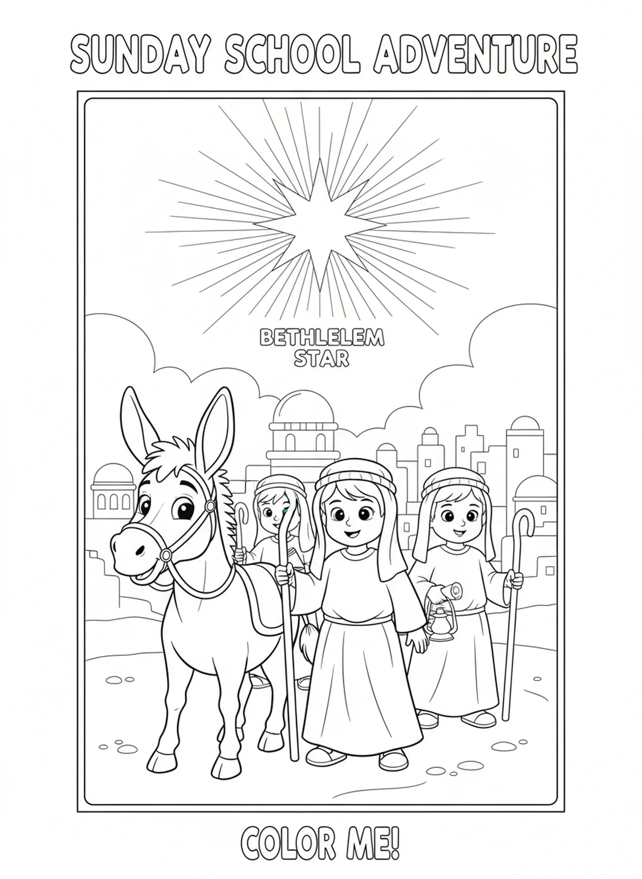 Âne guidant des bergers, page à colorier Biblique pour les enfants de l'École du dimanche âgés de 5 à 12 ans.