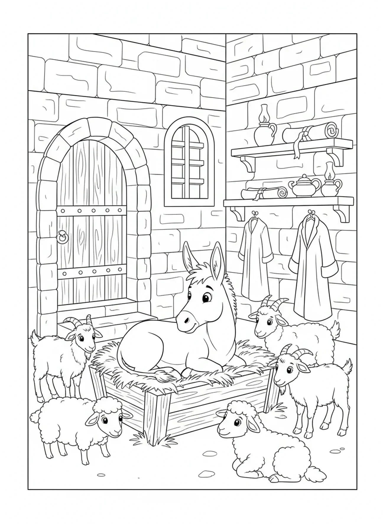 Âne se reposant dans la crèche, page à colorier Âne pour l'École du dimanche enfants de 5 à 12 ans.