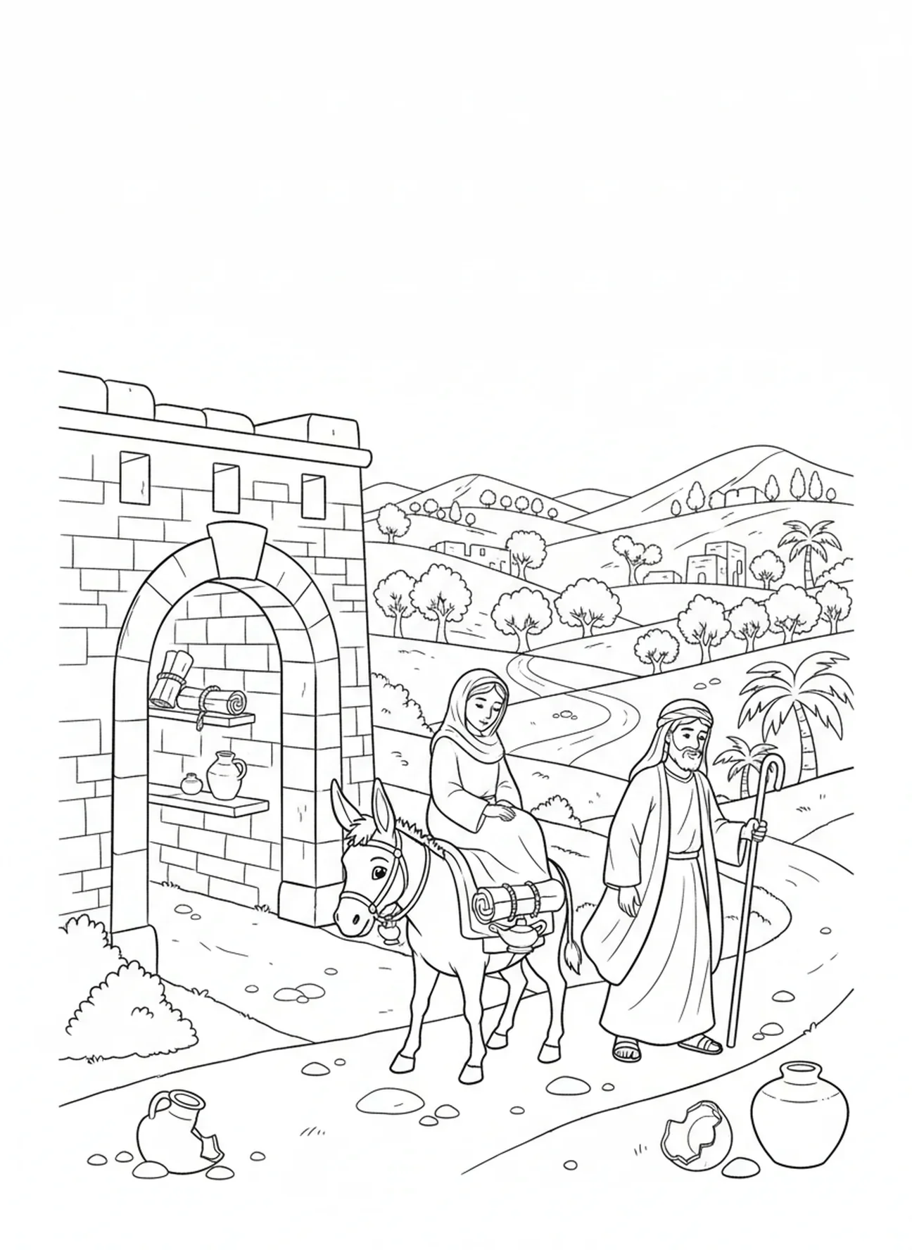 Âne quittant Bethléem, page à colorier Biblique pour les enfants de l'École du dimanche âgés de 5 à 12 ans.