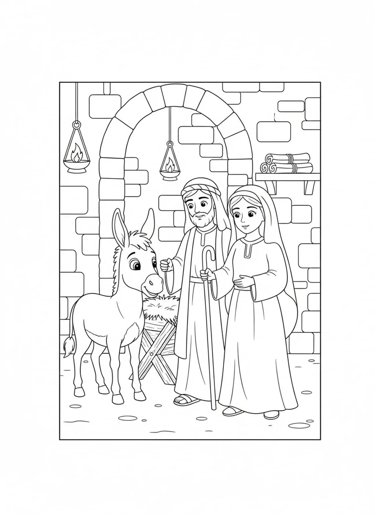 Âne avec Marie et Joseph, page à colorier Biblique pour les enfants de l'École du dimanche âgés de 5 à 12 ans.