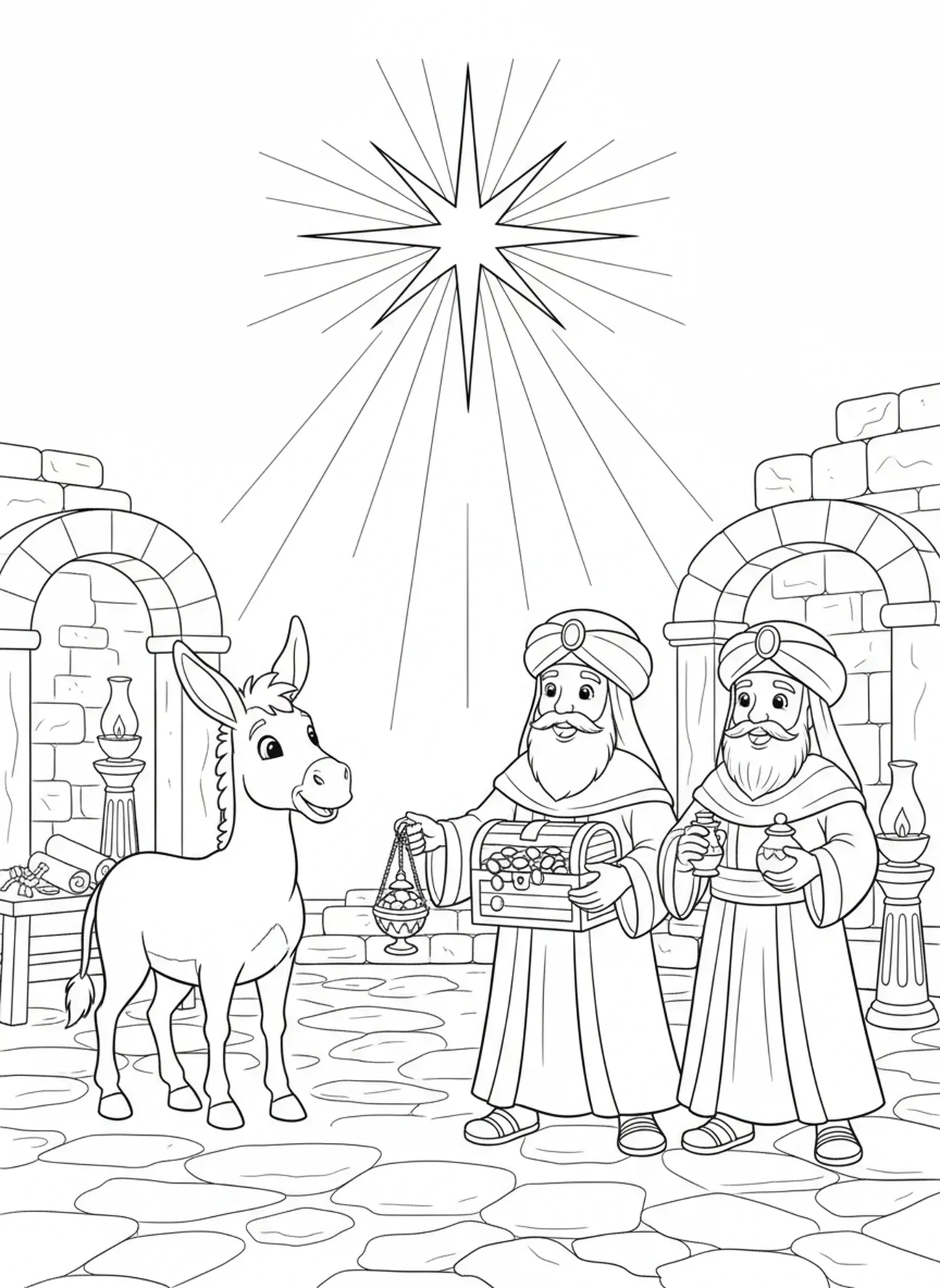 Âne avec les rois mages, page à colorier Âne biblique pour les enfants de l'École du dimanche âgés de 5 à 12 ans.