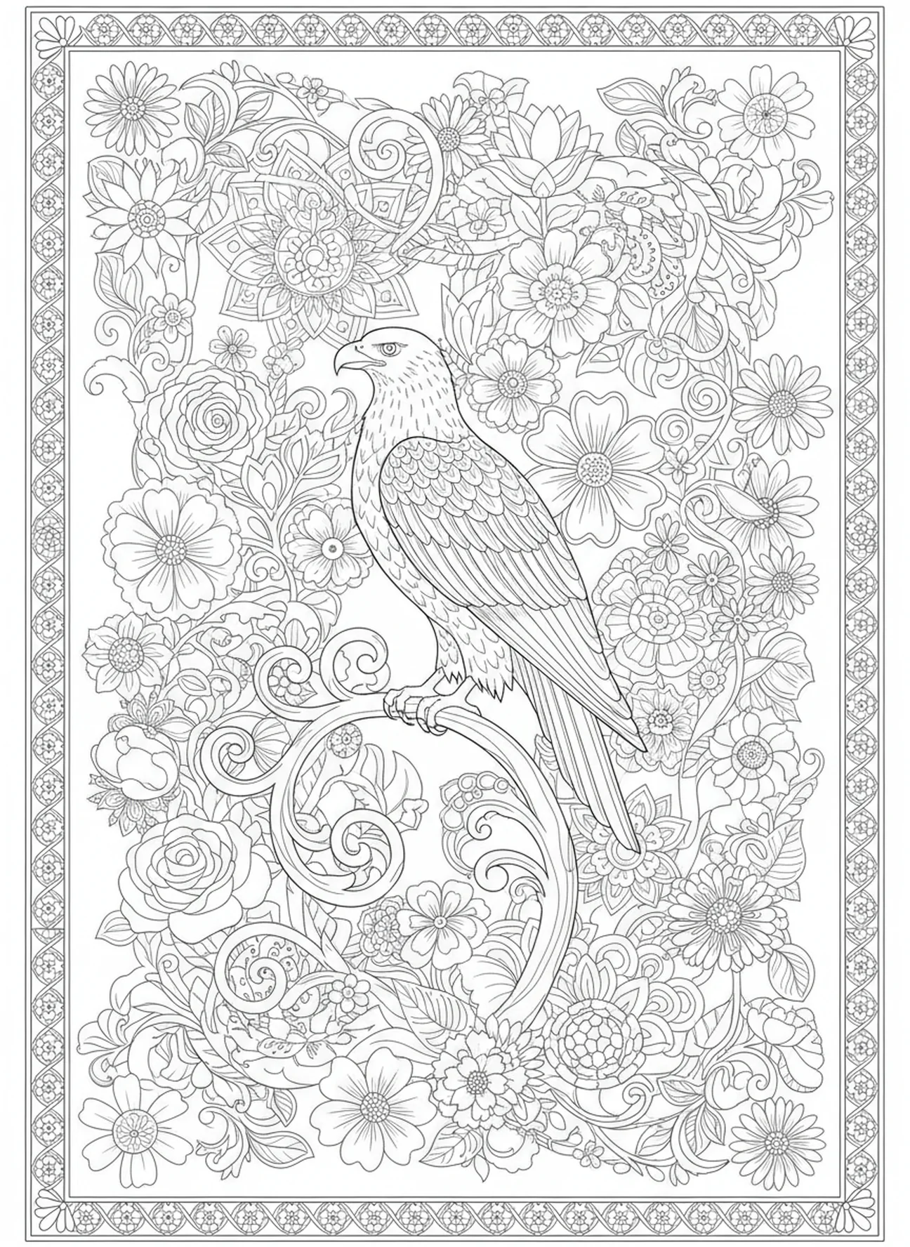 Águila posada entre flores, página para colorear de la Biblia Águila estilo journaling bíblico para adultos.