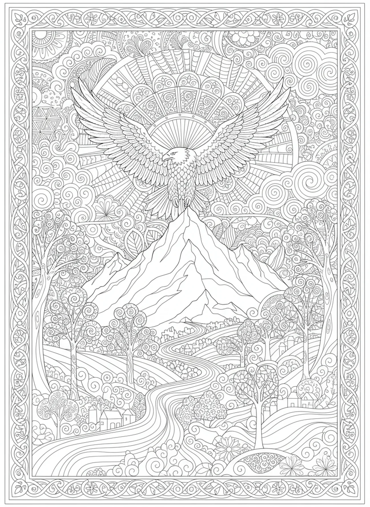 Águila volando sobre montañas, página para colorear de la Biblia con estilo de journaling bíblico para adultos.