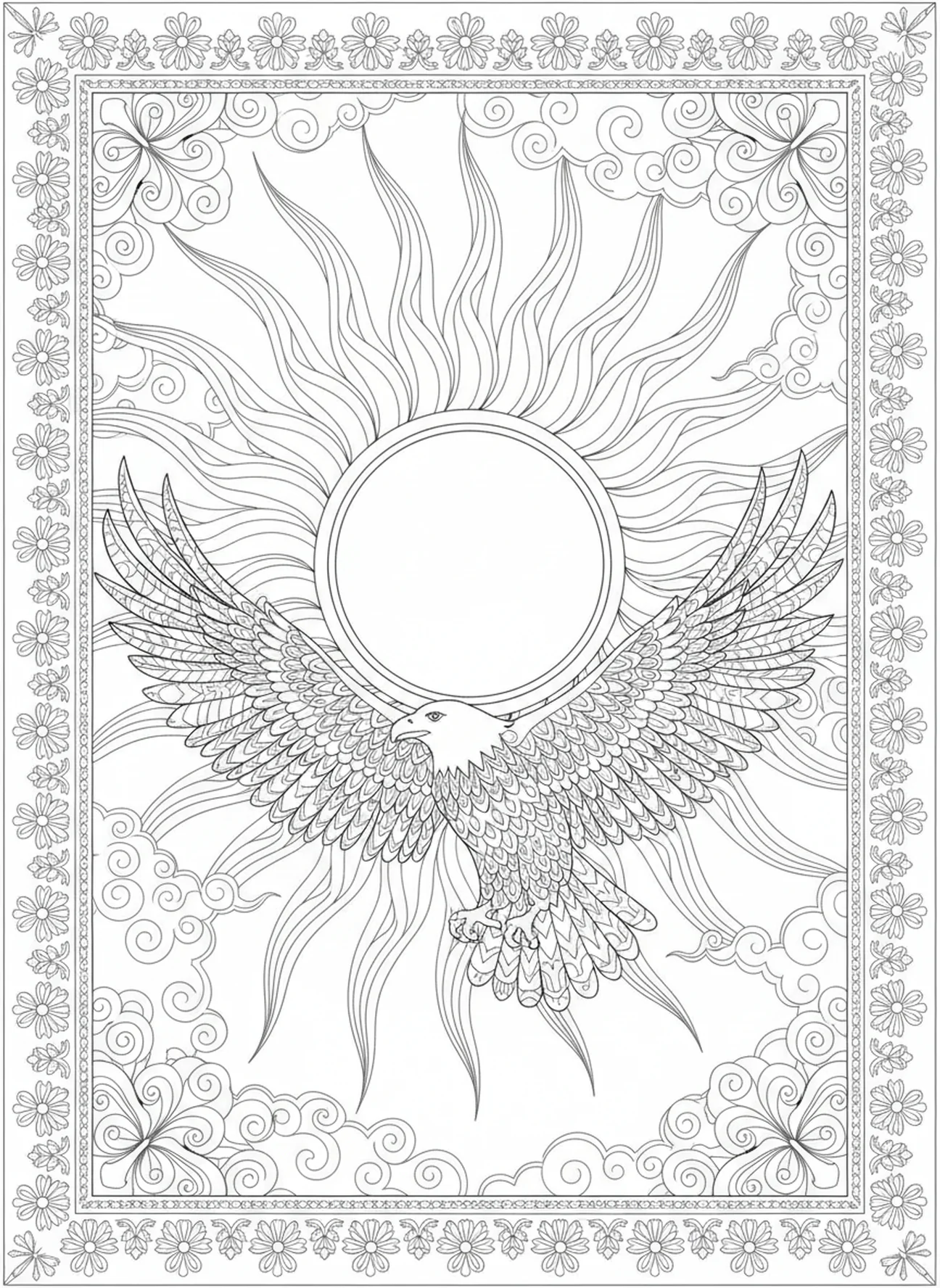 Águila volando contra el sol, página para colorear de la Biblia Águila estilo journaling bíblico para adultos.