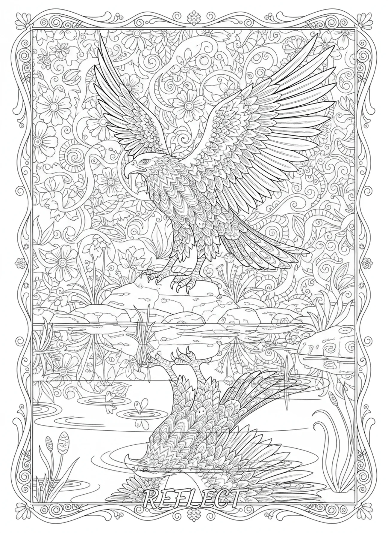 Águila de pie junto al agua, página para colorear de la Biblia Águila para adultos en estilo de journaling bíblico.