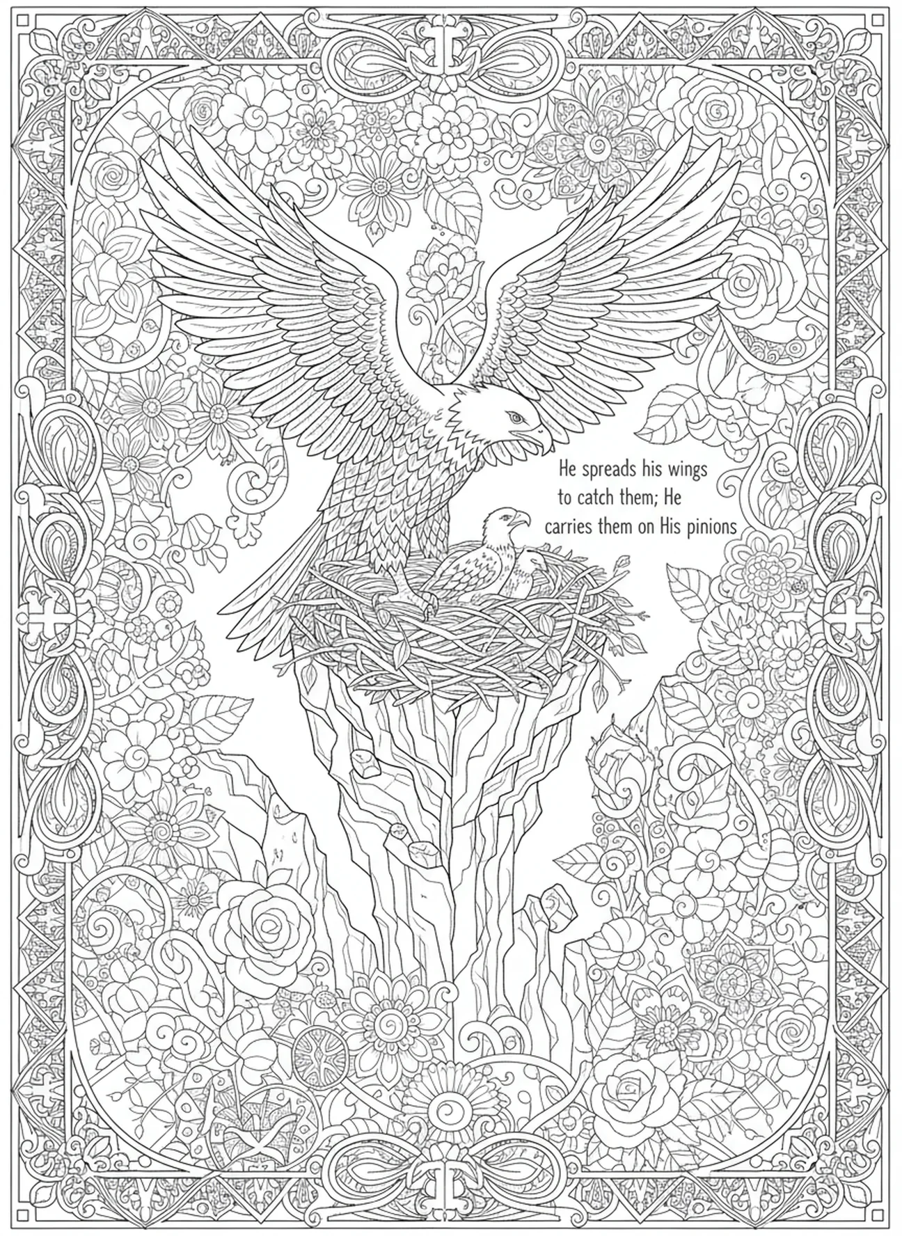 Águila cuidando su nido, página para colorear de la Biblia Águila para adultos en estilo de journaling bíblico.