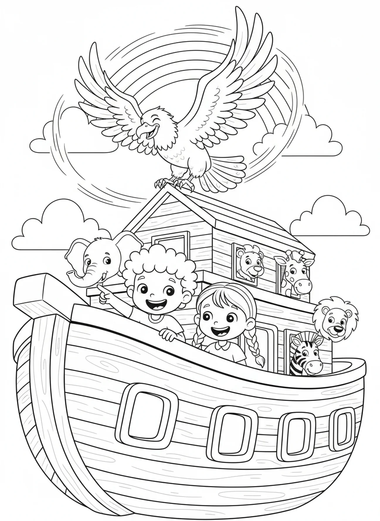 Zwei lächelnde Kinder, Ausmalbild des Bibel-Adlers für Kinder im Alter von 5-10 Jahren