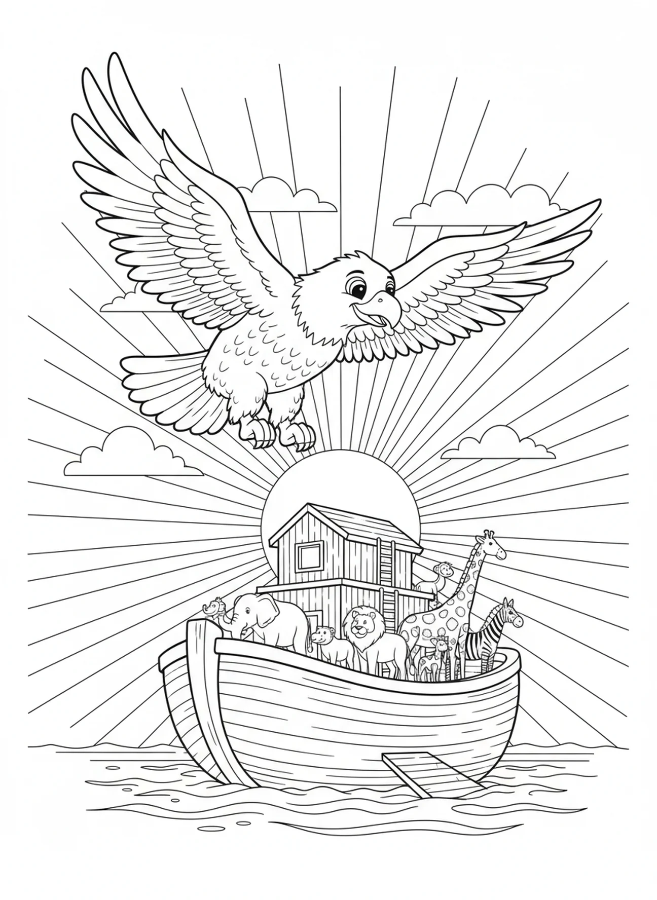 Adler fliegt bei Sonnenuntergang, Bibel Adler Ausmalbild für Kinder im Alter von 5-10 Jahren