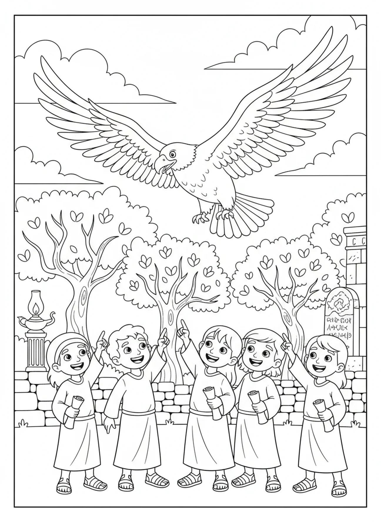 Enfants montrant un aigle, page à colorier d'aigle pour l'École du dimanche pour les enfants de 5 à 12 ans.