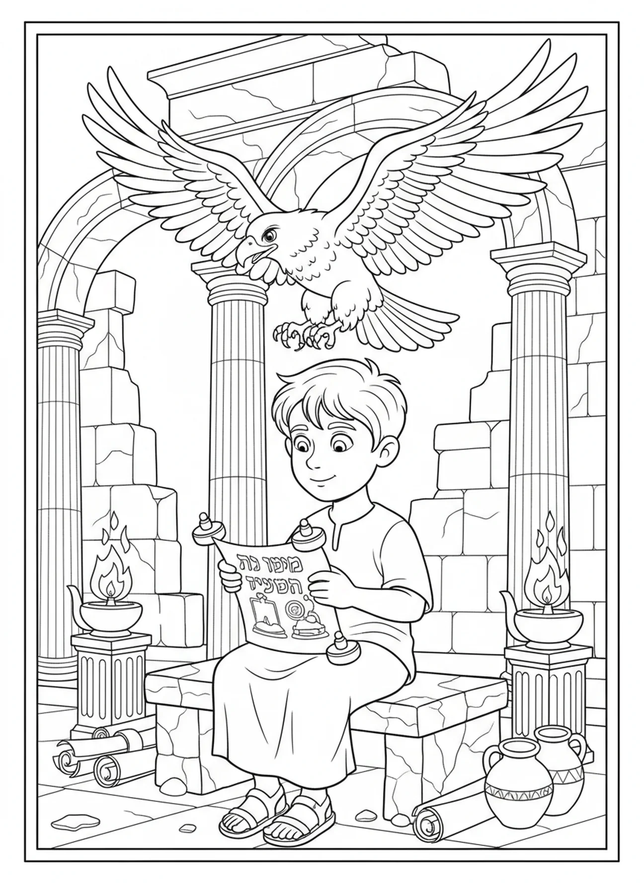Garçon lisant un rouleau avec un aigle au-dessus, page à colorier Bible Aigle pour les enfants de l'École du dimanche âgés de 5 à 12 ans.
