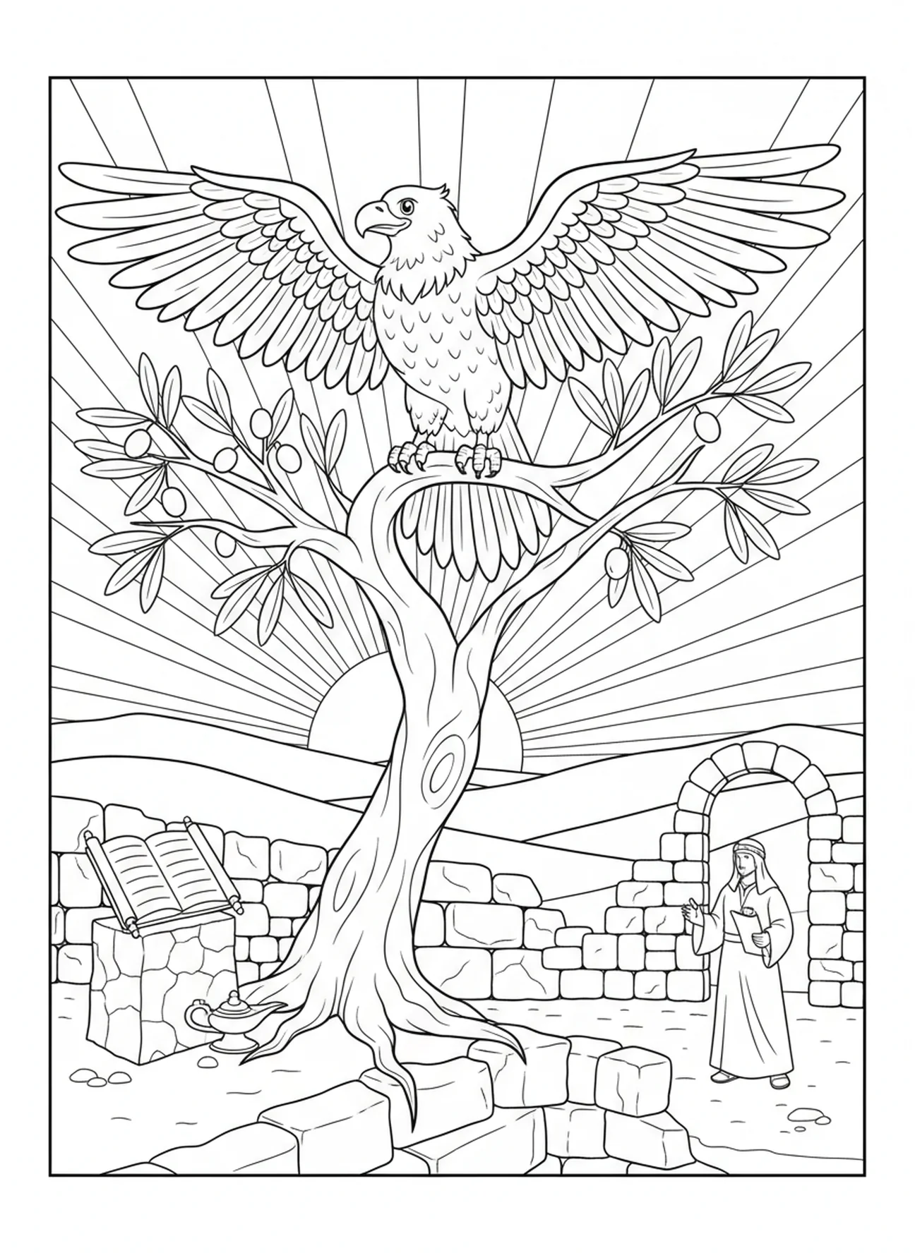 Aigle sur une branche d'olivier, page à colorier Bible Aigle pour les enfants de l'École du dimanche âgés de 5 à 12 ans.
