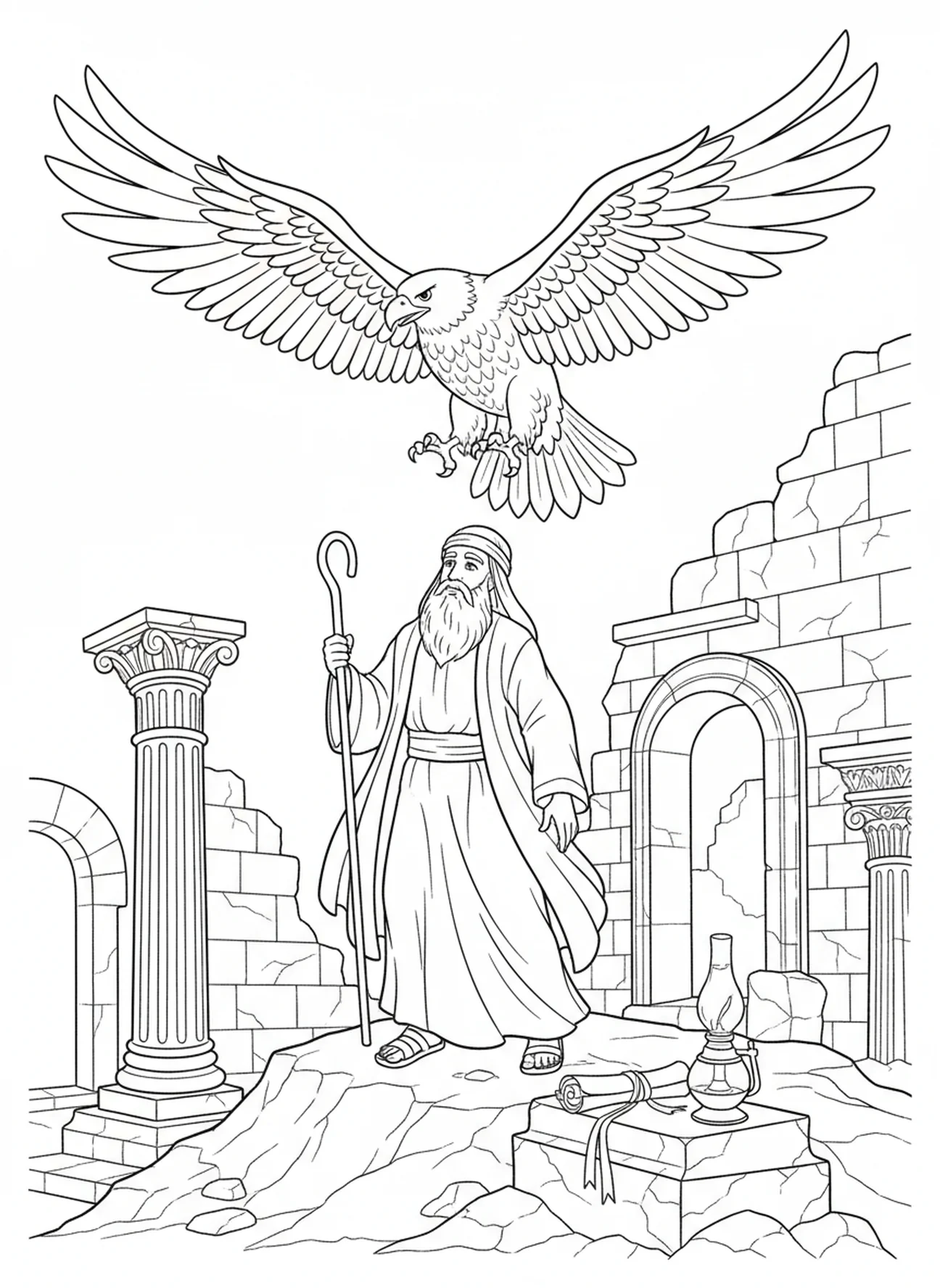 Prophète observant un aigle, page à colorier Aigle de la Bible pour les enfants de l'École du dimanche âgés de 5 à 12 ans.