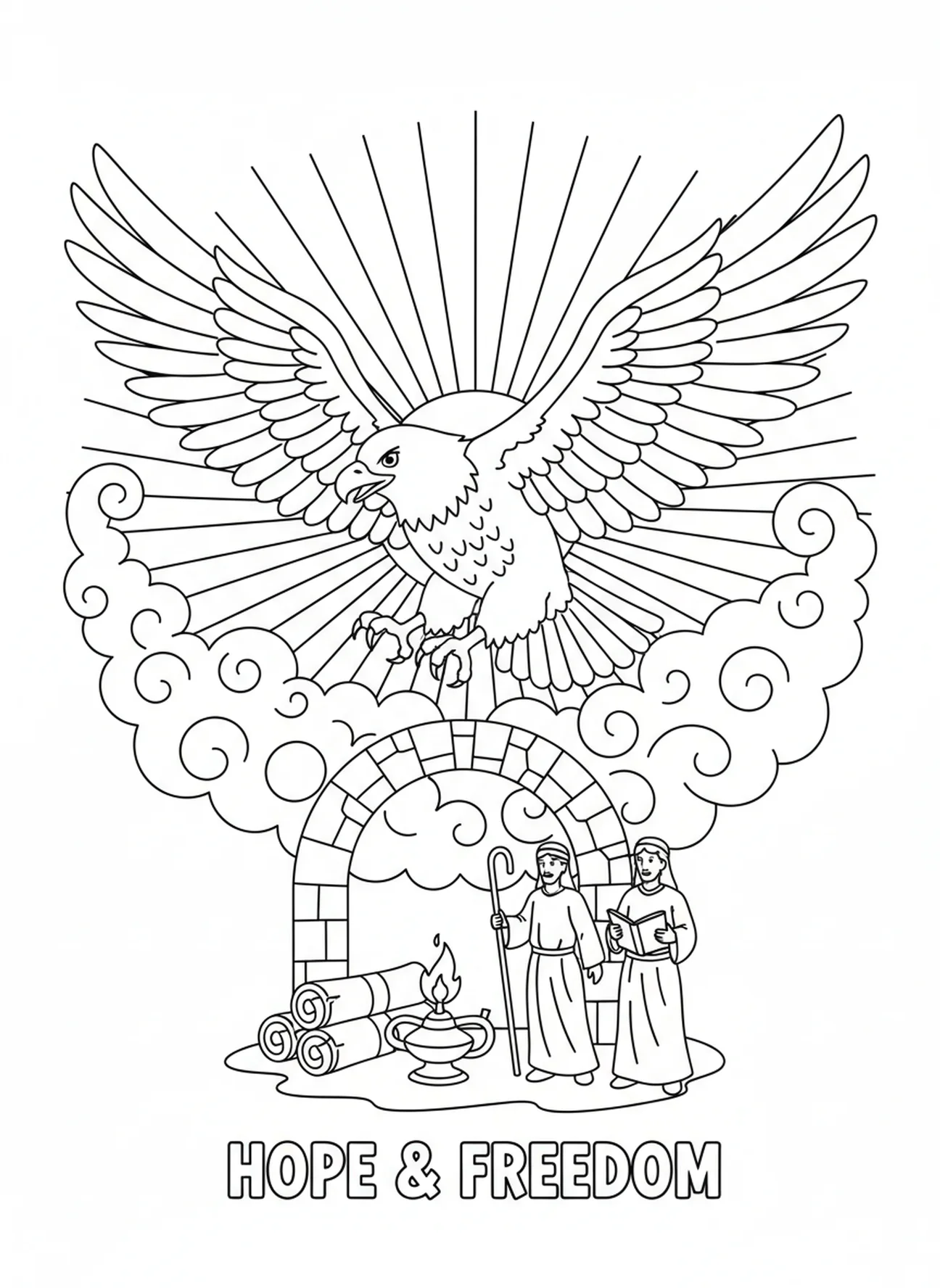 Aigle volant dans le ciel, page à colorier de l'aigle biblique pour les enfants de l'École du dimanche âgés de 5 à 12 ans.