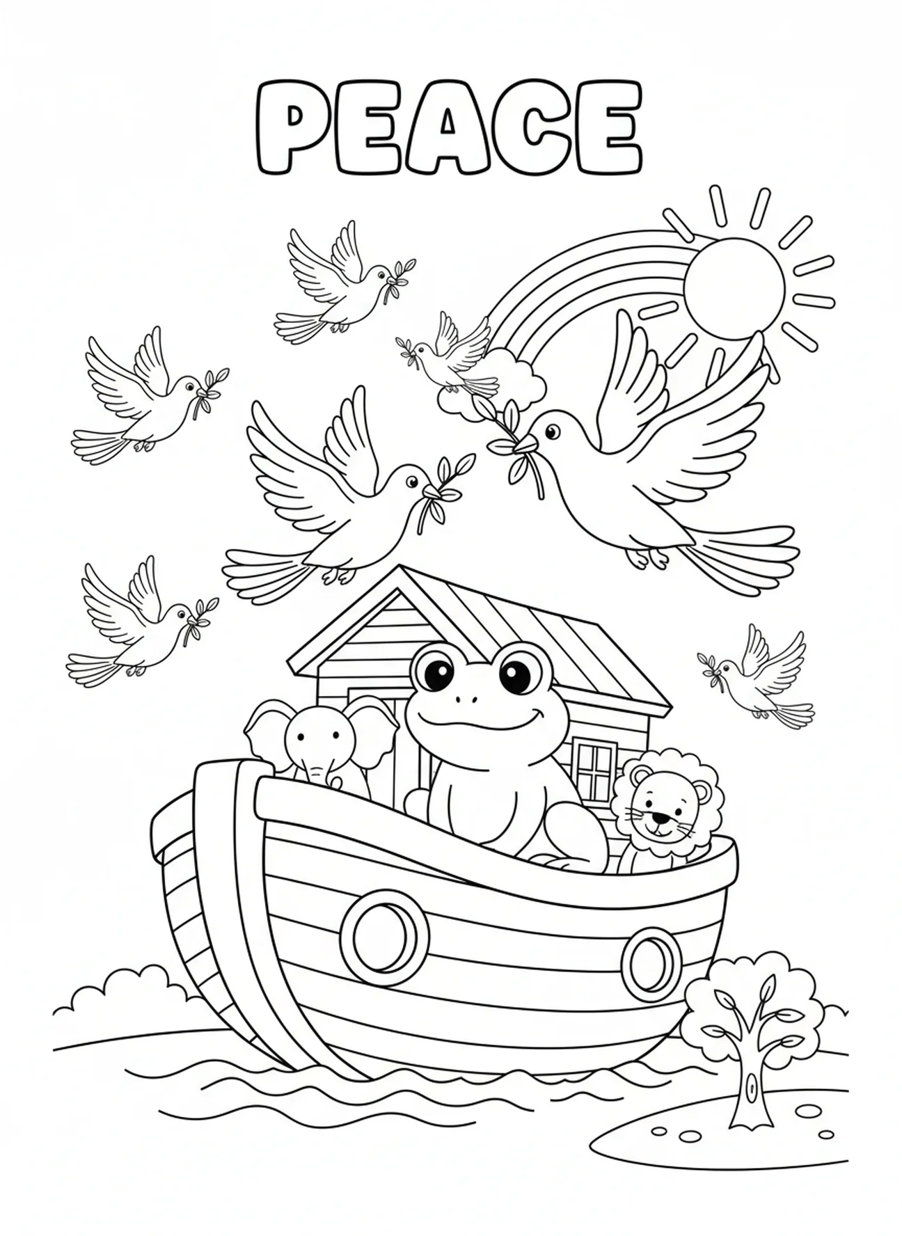 Frosch beobachtet Tauben, Bibel Frosch Malvorlage für Kinder im Alter von 5-10 Jahren