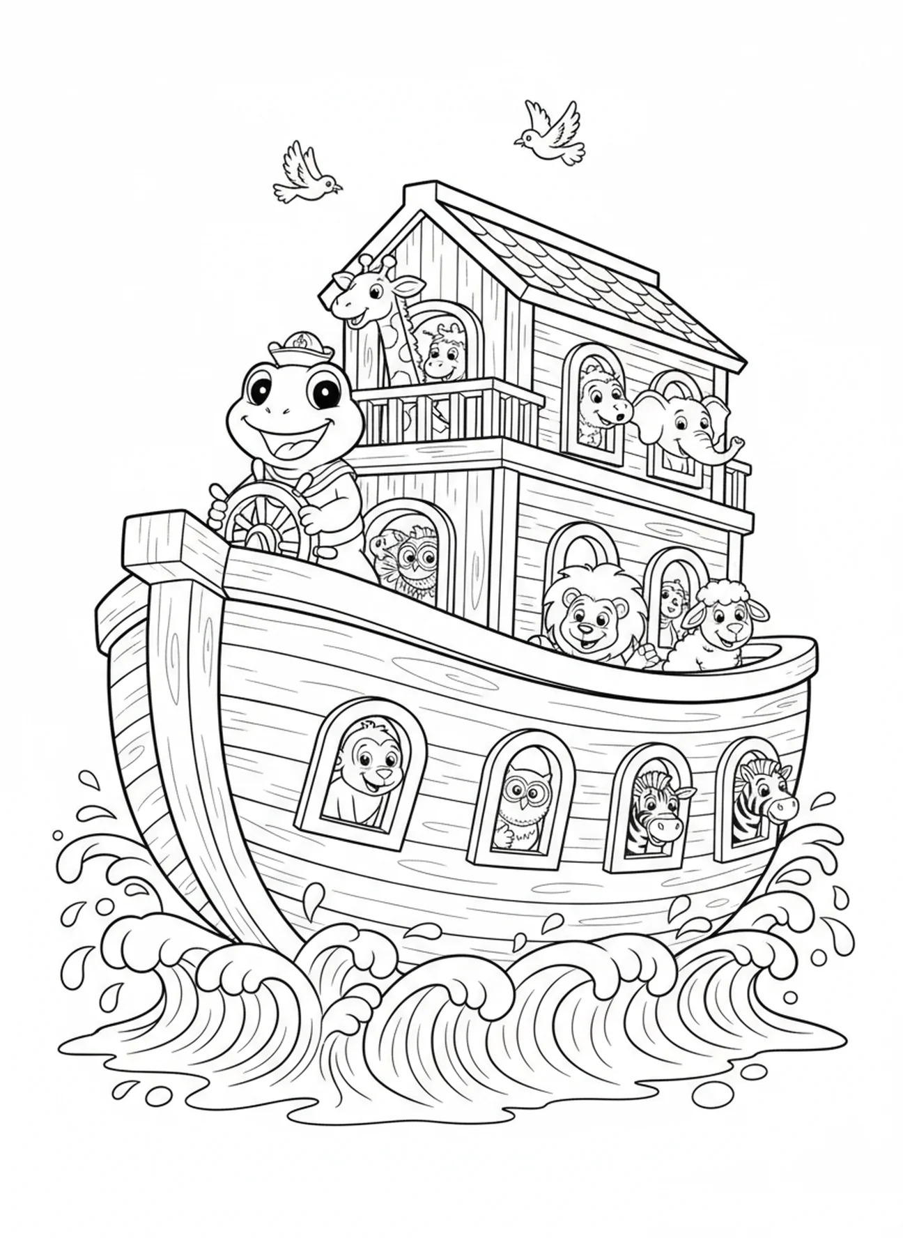 Frosch, der auf der Arche segelt, Ausmalbild für Kinder im Alter von 5-10 Jahren