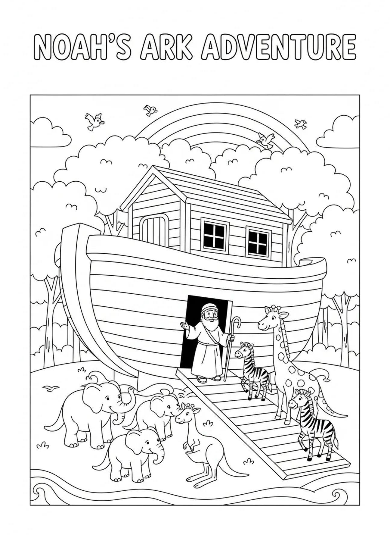 Animales entrando en el arca, página para colorear de la Biblia con cabras para niños de 5 a 10 años