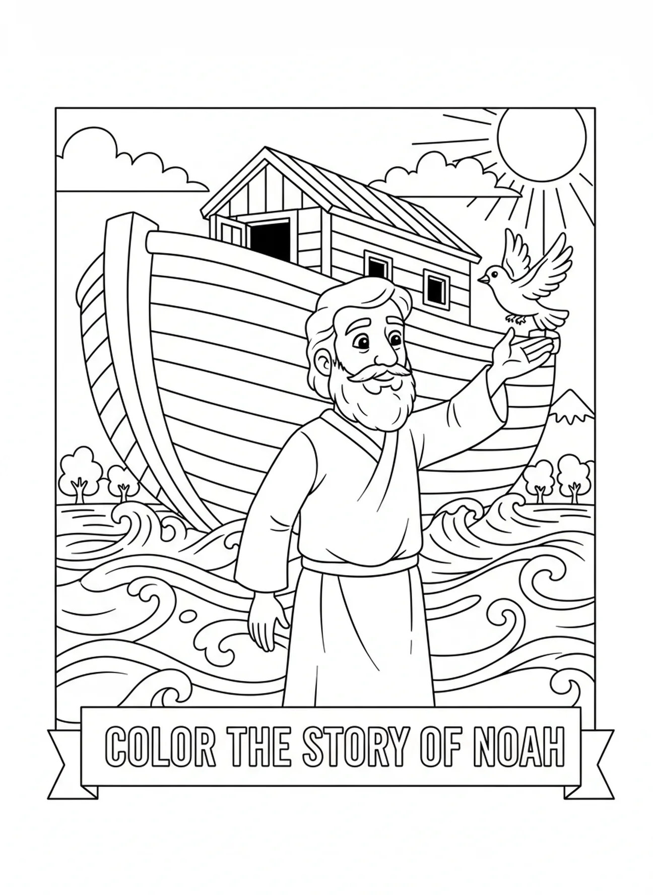 Noé soltando una paloma, página para colorear de la Biblia para niños de 5 a 10 años
