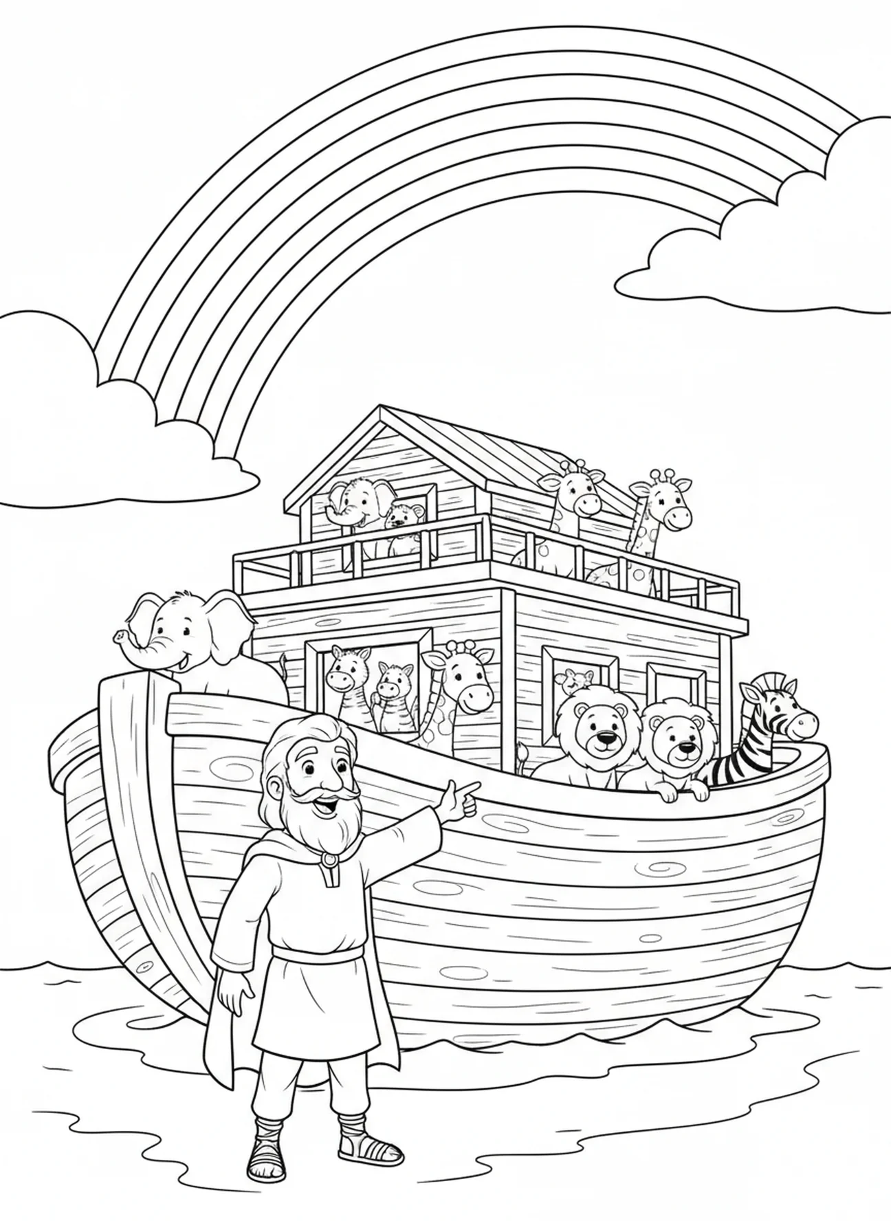 Noé señalando el arcoíris, página para colorear de la Biblia con cabra para niños de 5 a 10 años