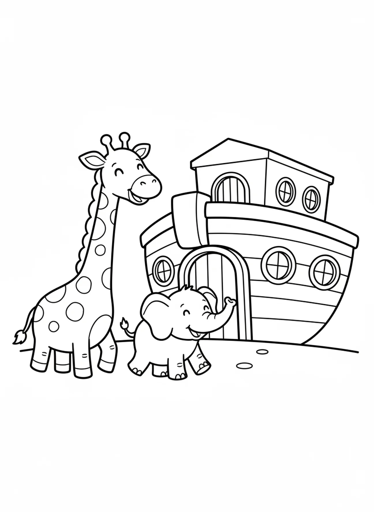 Jirafa y elefante cerca del arca, página para colorear de la Biblia para niños de 3 a 5 años