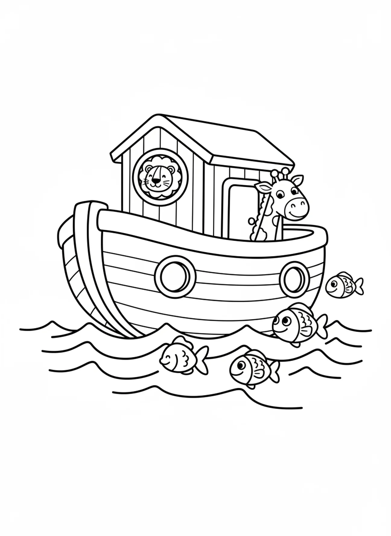 Arca flotando con peces, página para colorear de la Biblia de cabra para niños en edad preescolar de 3 a 5 años