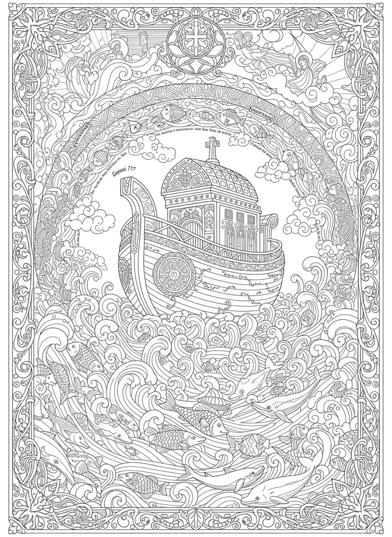 Die Arche schwebt auf steigenden Fluten, Ausmalbild für Erwachsene im Bibel-Journaling-Stil