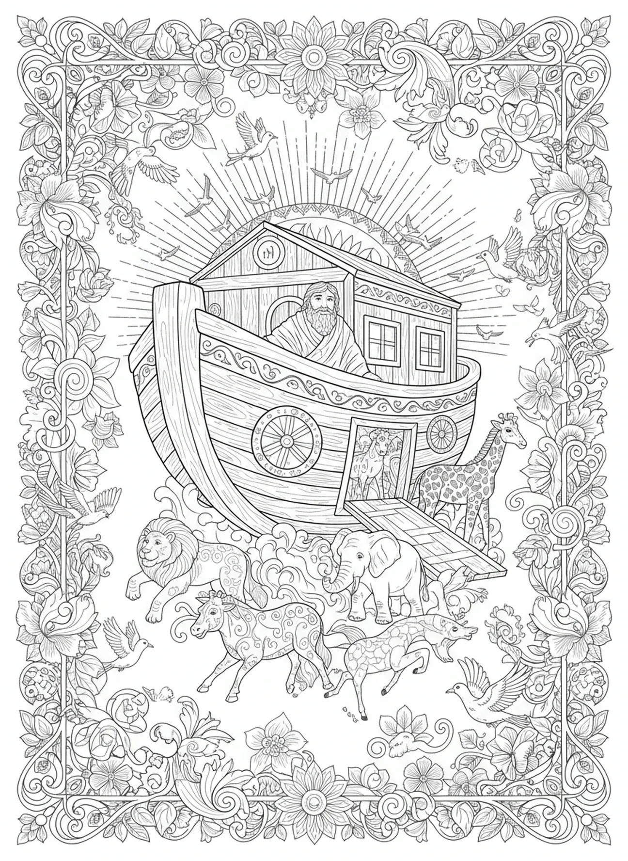 Noah, der freudig Tiere freilässt, Ausmalbild für Erwachsene im Bibel-Journaling-Stil