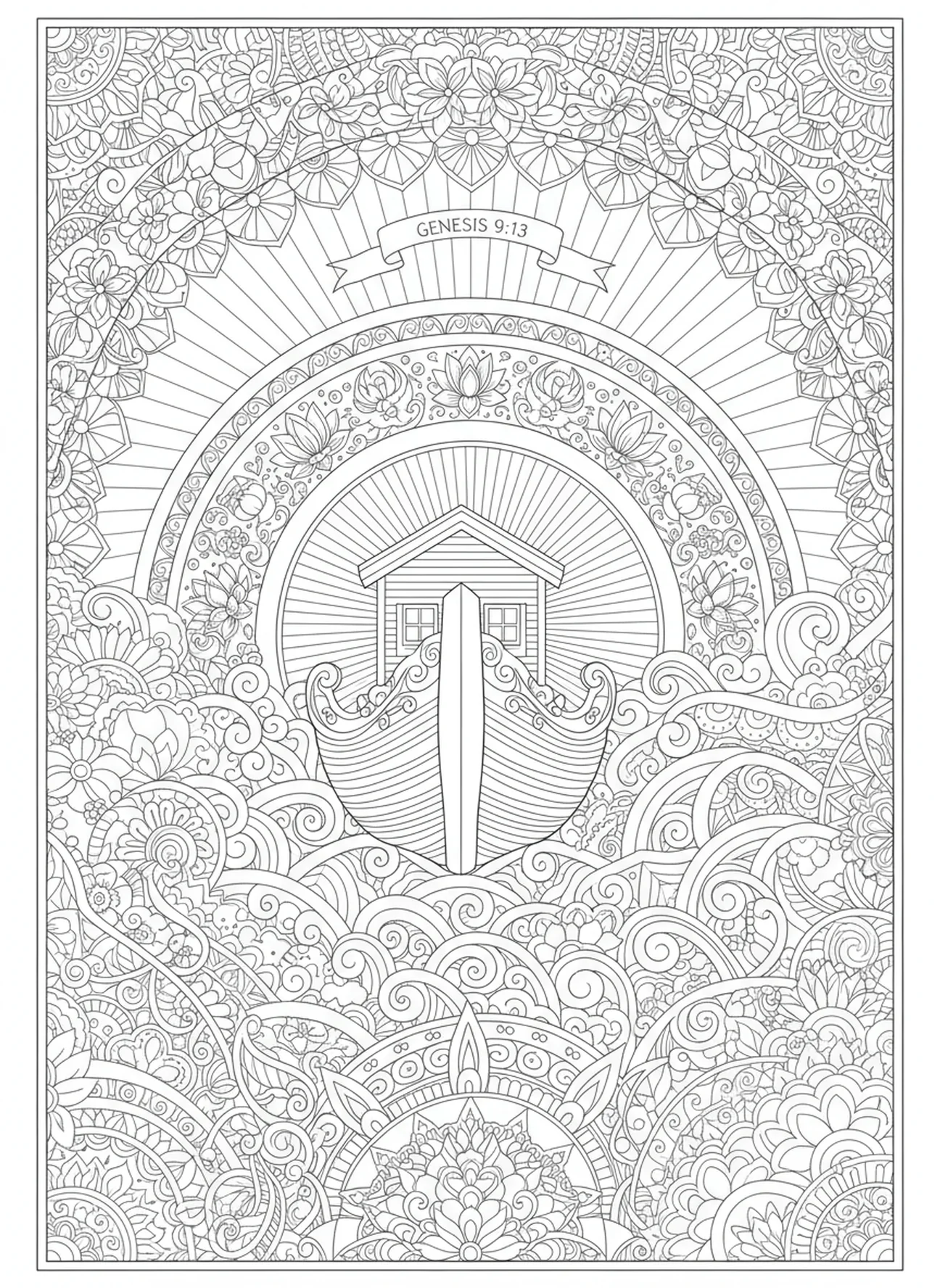 Regenbogen über der Arche, Ausmalbild für Erwachsene im Bibel-Journaling-Stil