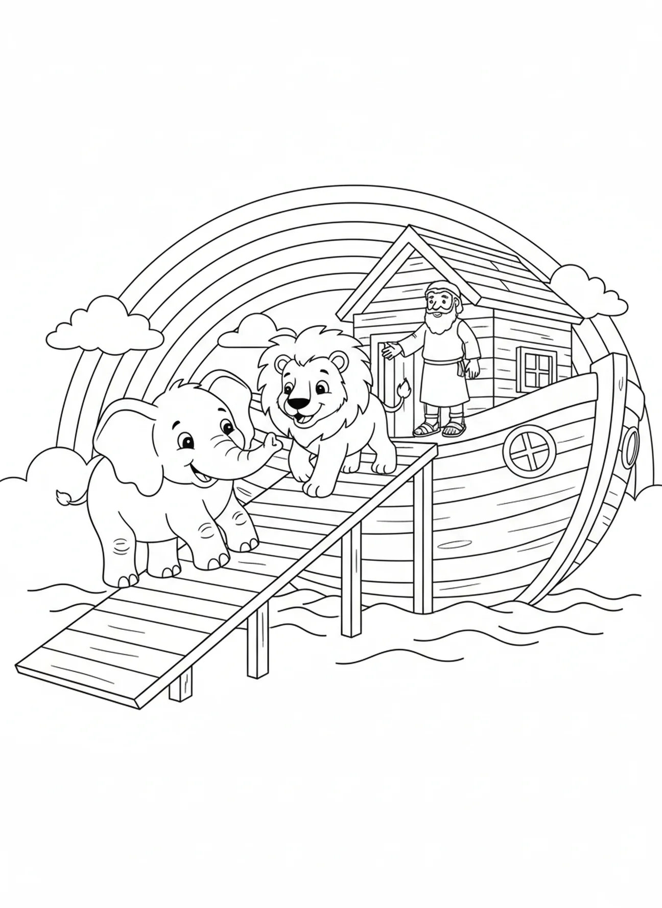 Tiere, die die Arche betreten, Ausmalbild von Noahs Arche für Kinder im Alter von 5-10 Jahren