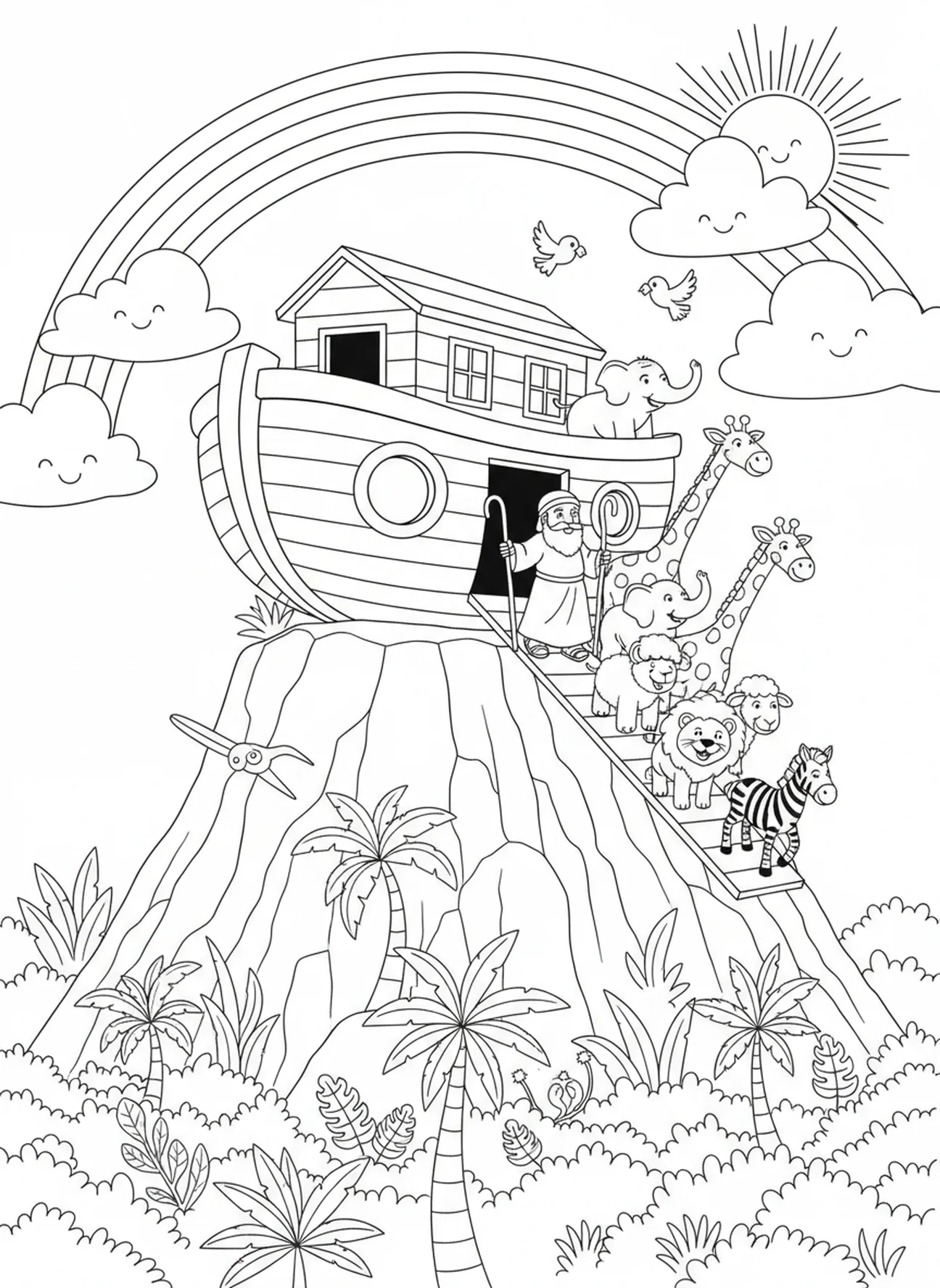 Die Arche landet auf trockenem Boden, Ausmalbild von der Arche für Kinder im Alter von 5-10 Jahren