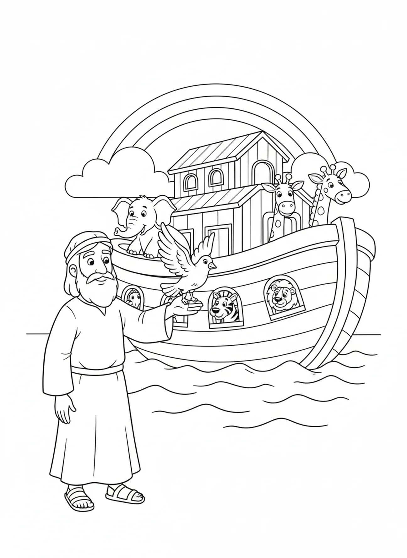 Noah lässt eine Taube fliegen, Ausmalbild für Kinder im Alter von 5-10 Jahren