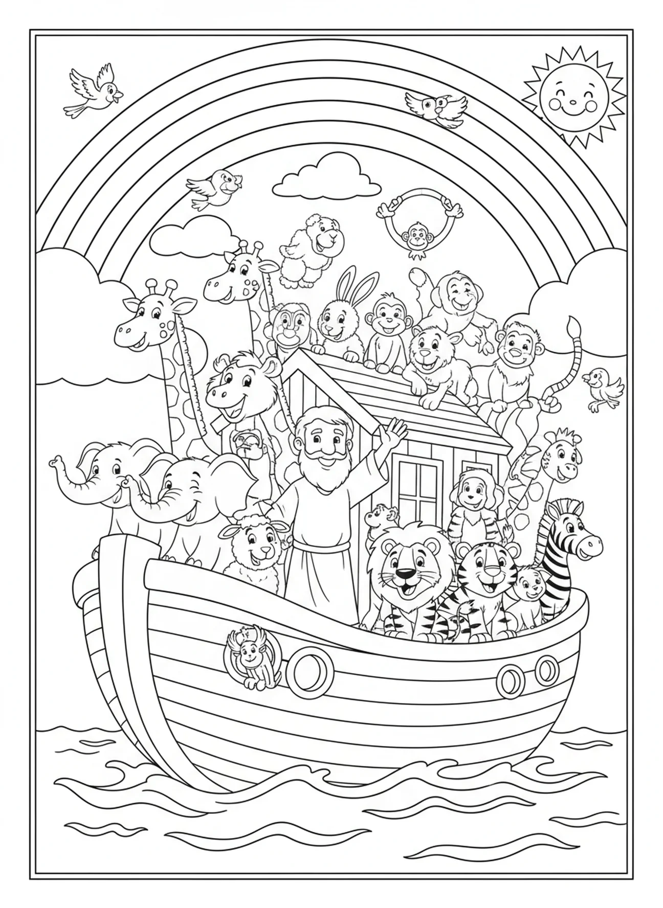 Regenbogen am Himmel über der Arche, Ausmalbild von Noahs Arche für Kinder im Alter von 5-10 Jahren