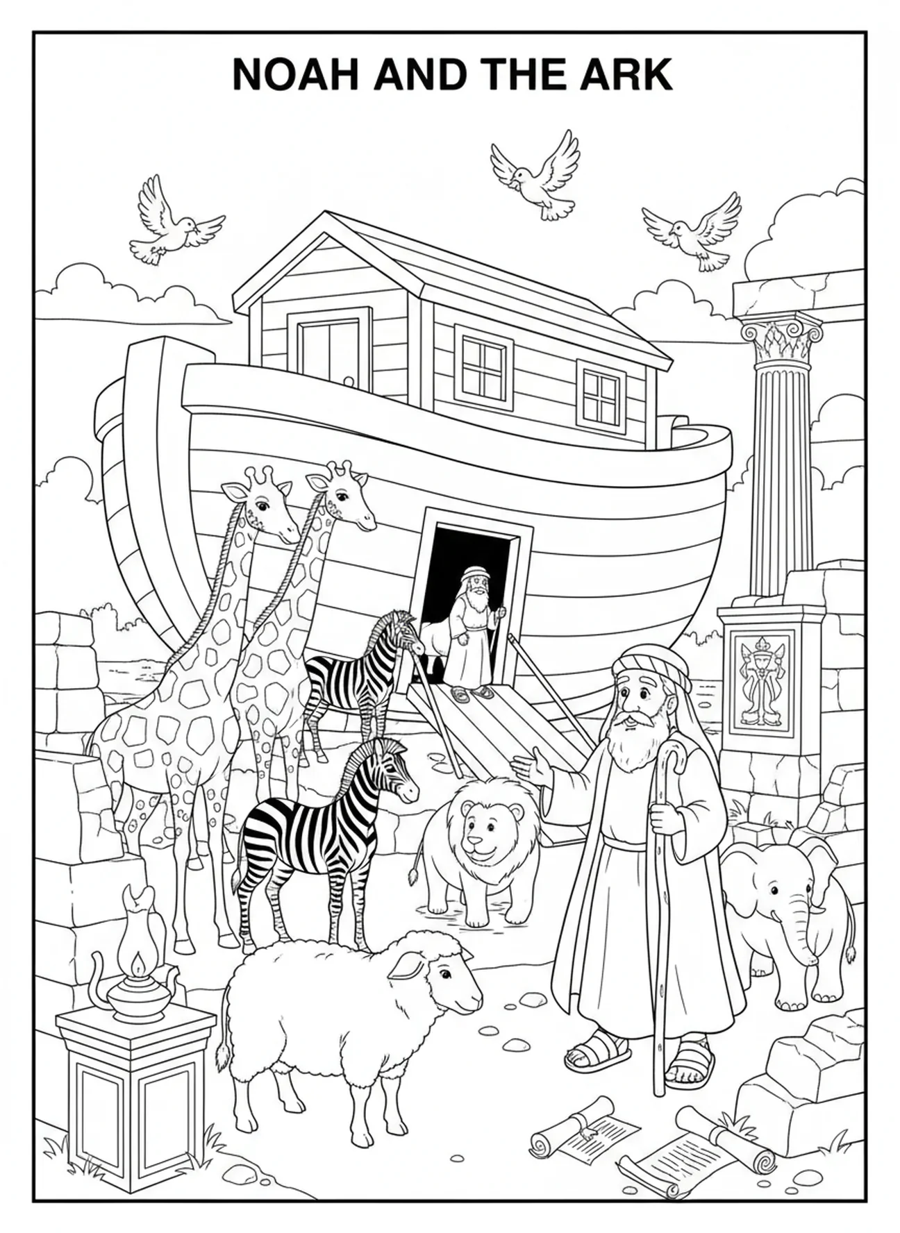 Animaux entrant dans l'arche, page à colorier de cheval biblique pour les enfants de l'École du dimanche âgés de 5 à 12 ans.