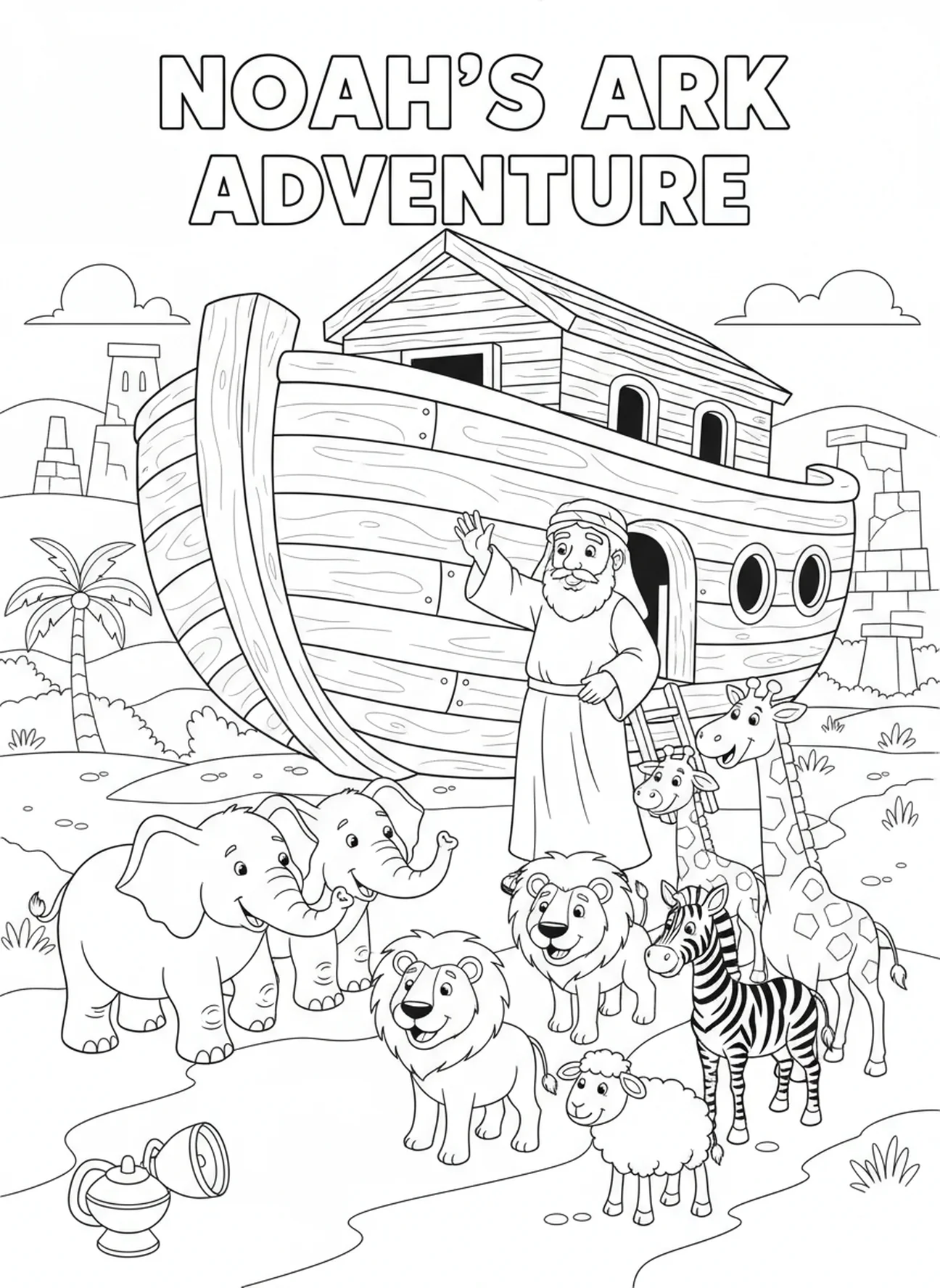 Paires d'animaux en dessin animé, page à colorier de la Bible avec un cheval pour les enfants de l'École du dimanche âgés de 5 à 12 ans.