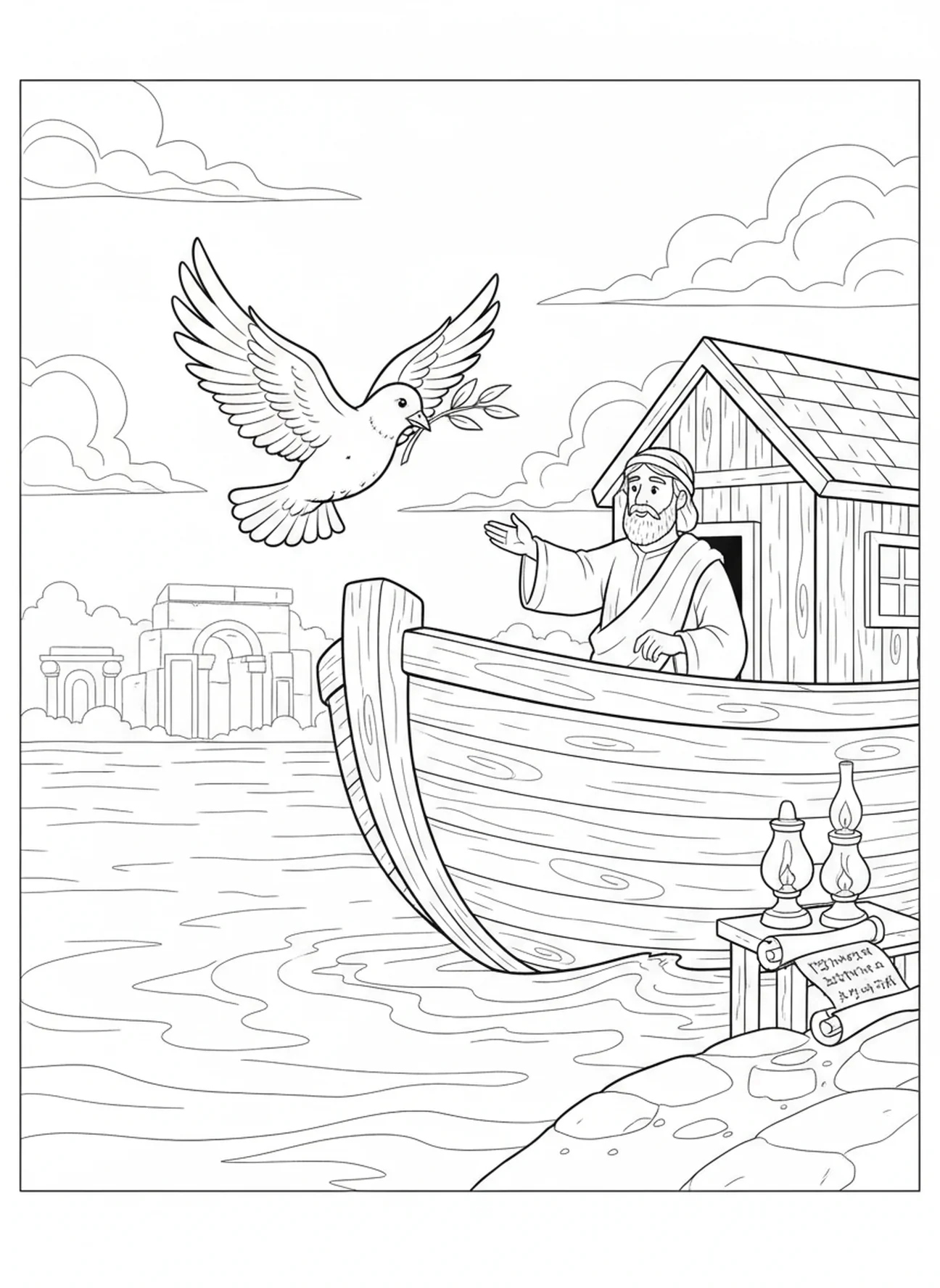 Colombe avec une branche d'olivier, page à colorier de la Bible pour les enfants de l'École du dimanche âgés de 5 à 12 ans.
