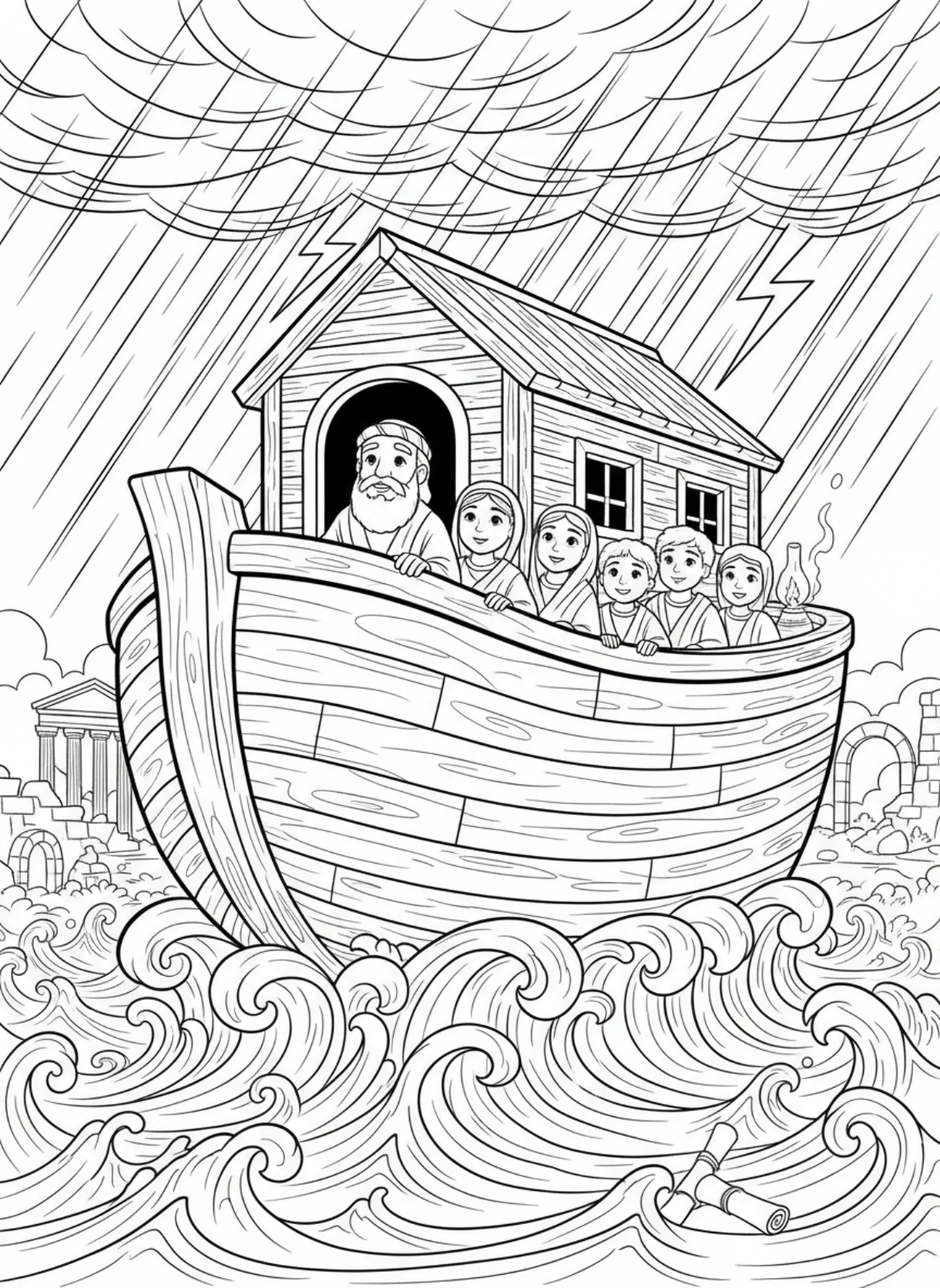 Noé et sa famille regardent la pluie, page à colorier de cheval biblique pour les enfants de l'École du dimanche âgés de 5 à 12 ans.