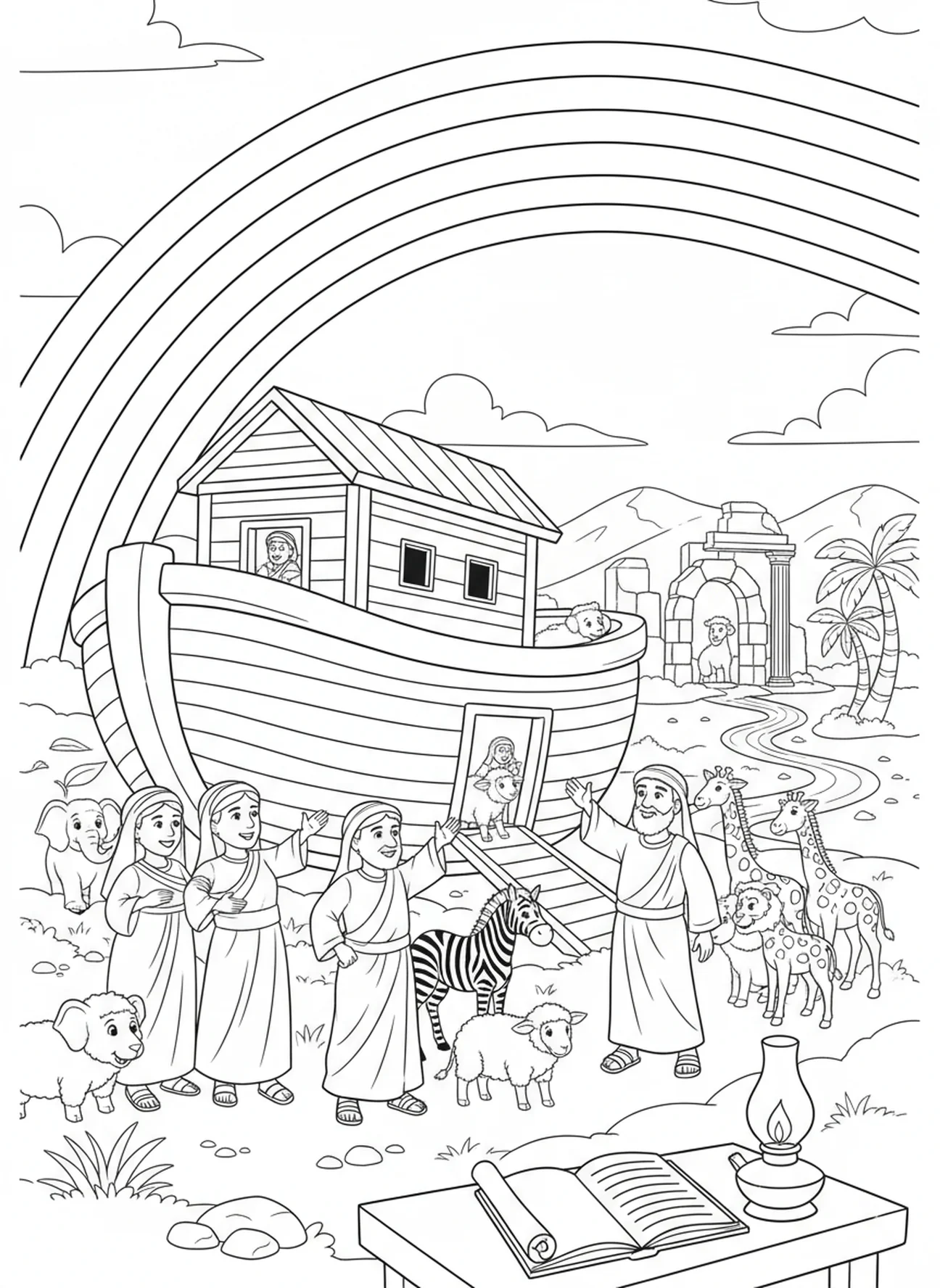 Noé et sa famille avec un arc-en-ciel, page à colorier de la Bible pour les enfants de l'École du dimanche âgés de 5 à 12 ans.