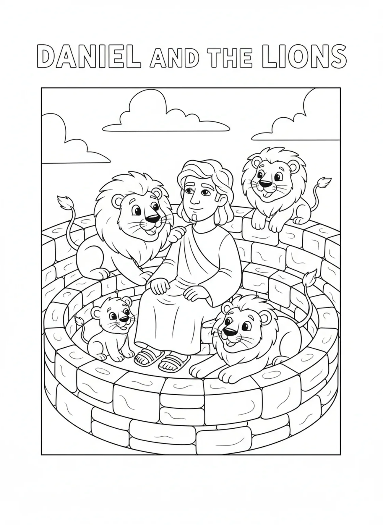Daniel en un foso de piedras con leones, página para colorear de la Biblia sobre leones para niños de 5 a 10 años.