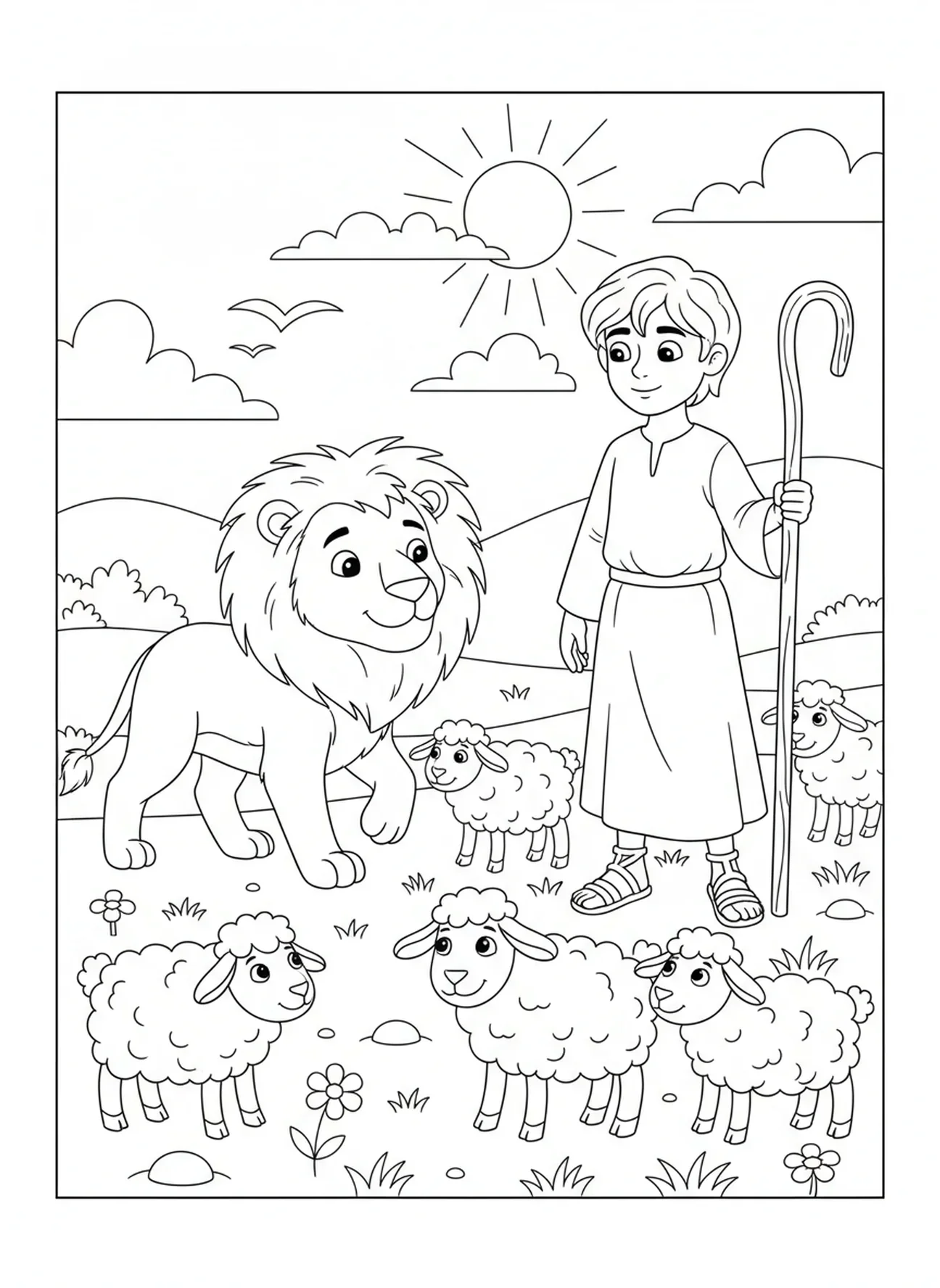 León con pastor y ovejas, página para colorear de la Biblia León para niños de 5 a 10 años.