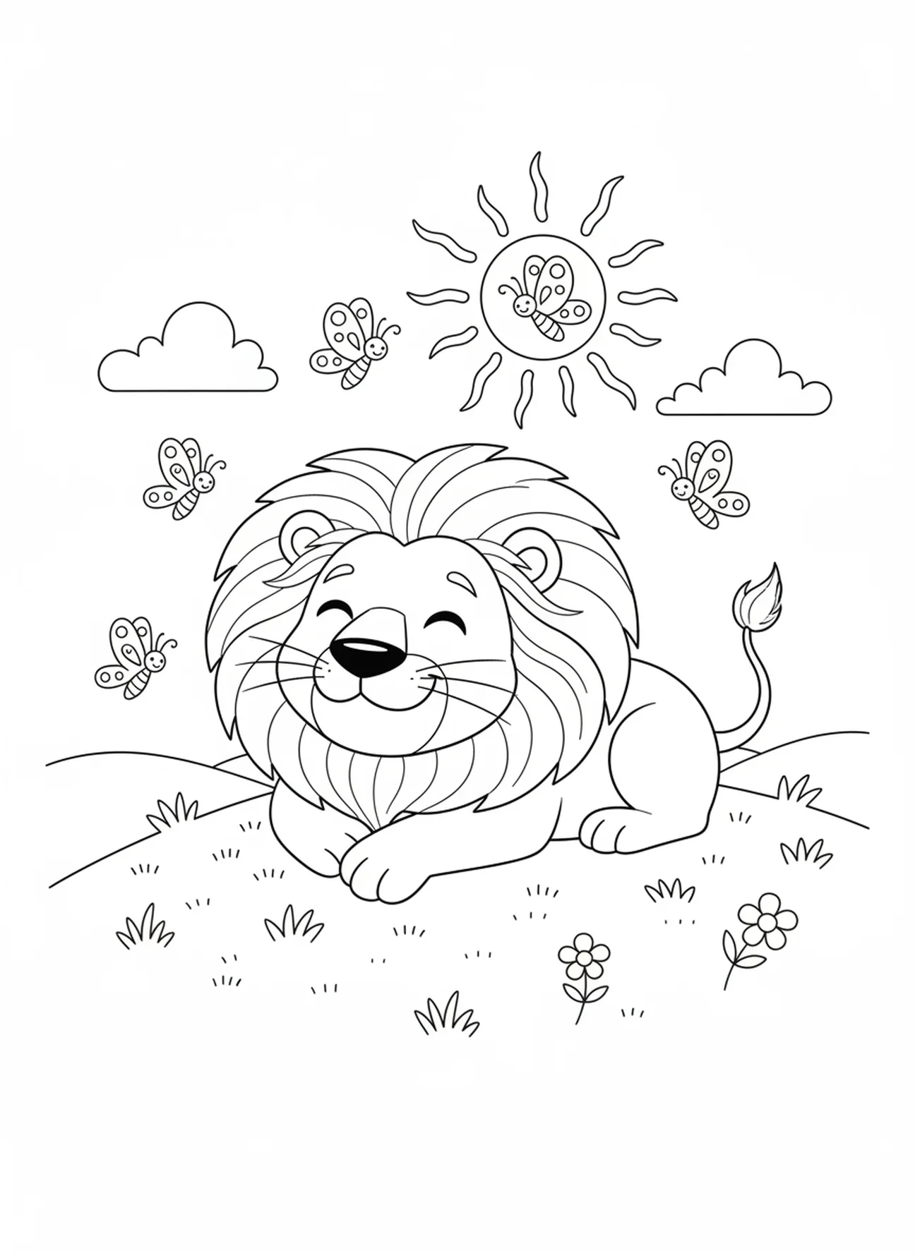 León relajándose al sol, página para colorear de la Biblia con león para niños de 5 a 10 años.