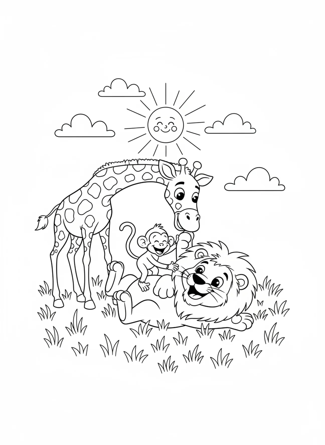 León juguetón con amigos, página para colorear de la Biblia con un león para niños de 5 a 10 años.