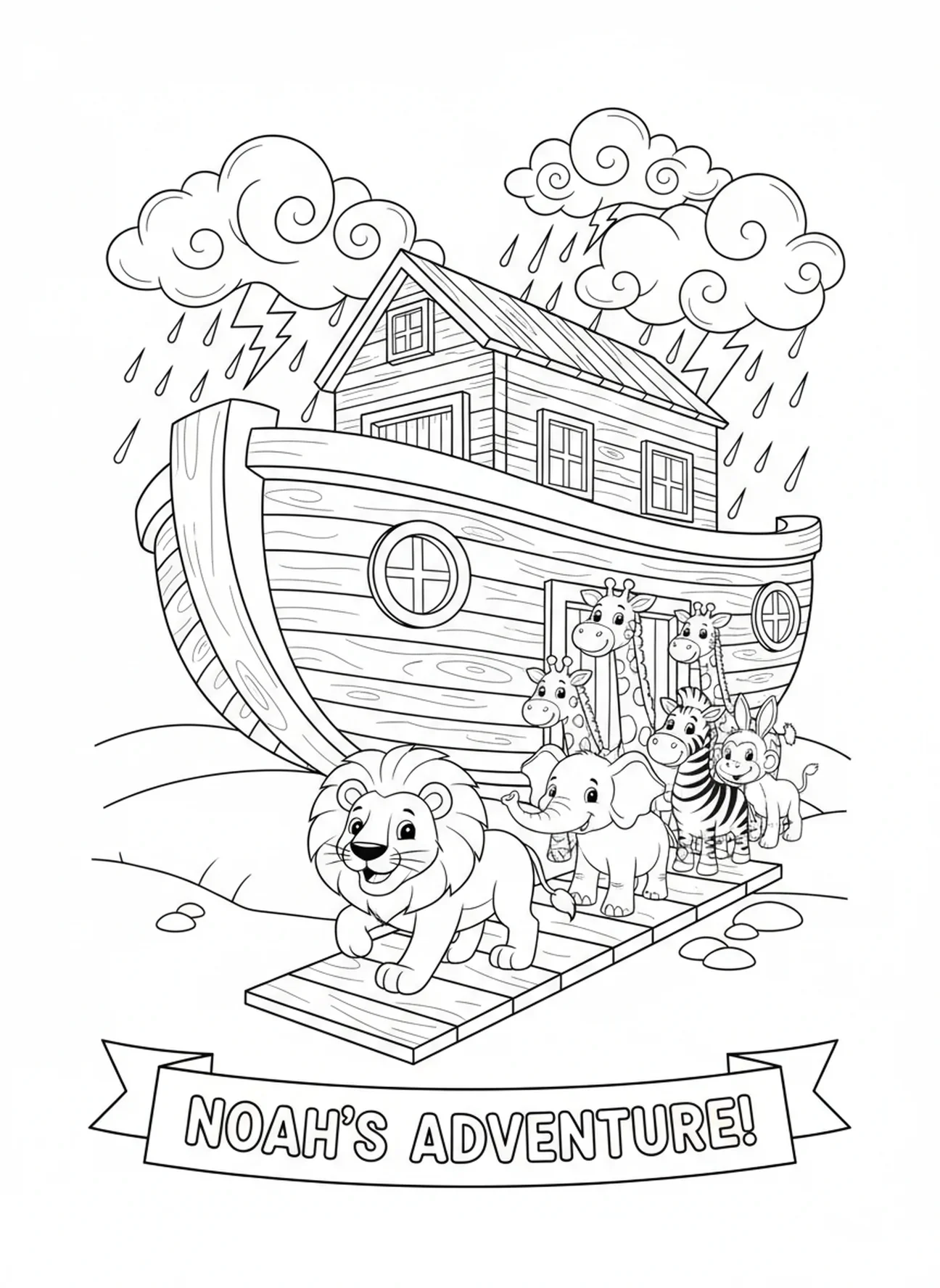Animales subiendo al arca, página para colorear de la Biblia con un león para niños de 5 a 10 años.