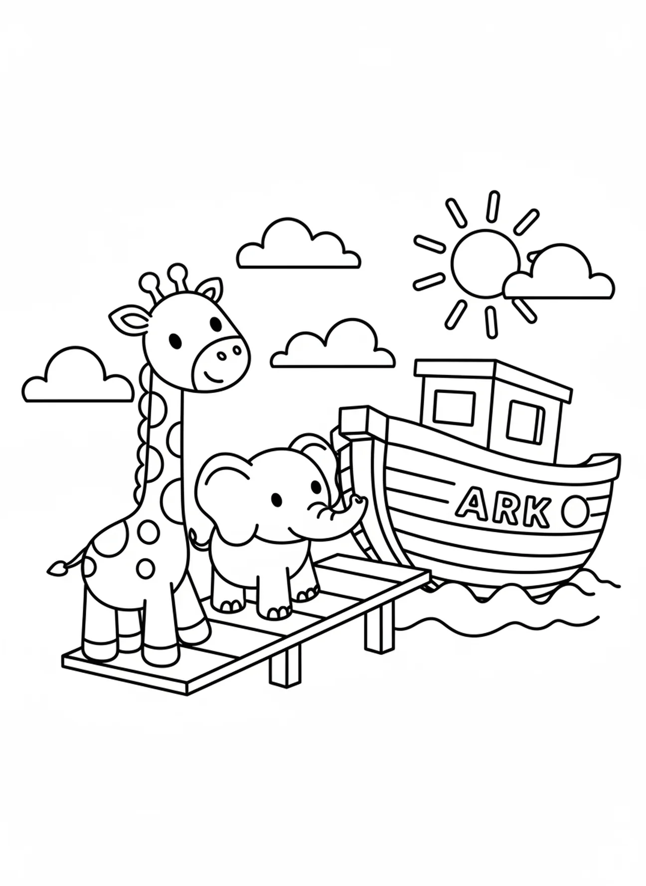 Giraffe und Elefant steigen ein, Ausmalbild vom Löwen in der Bibel für Vorschulkinder im Alter von 3-5 Jahren