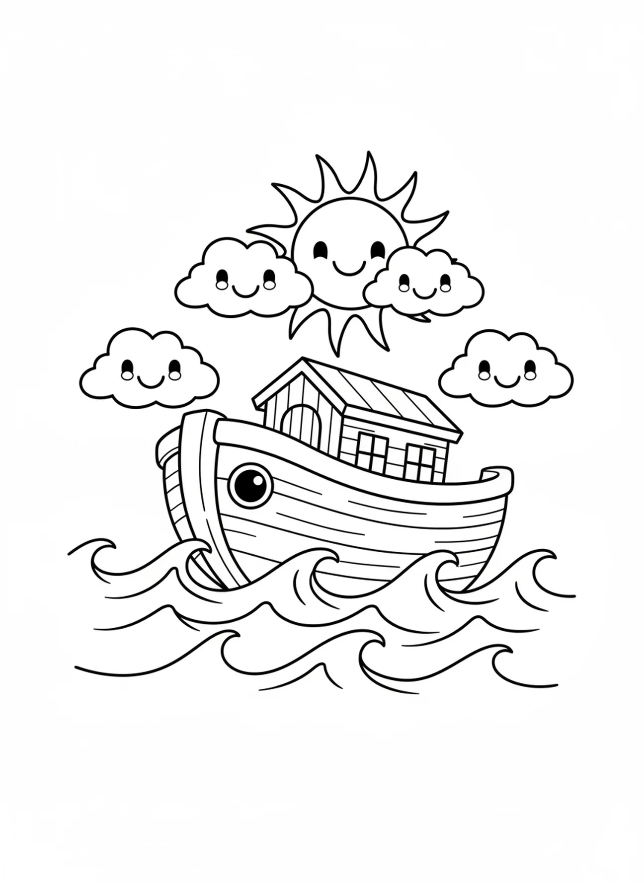 Arche auf dem Wasser, Ausmalbild mit Löwe aus der Bibel für Vorschulkinder im Alter von 3-5 Jahren
