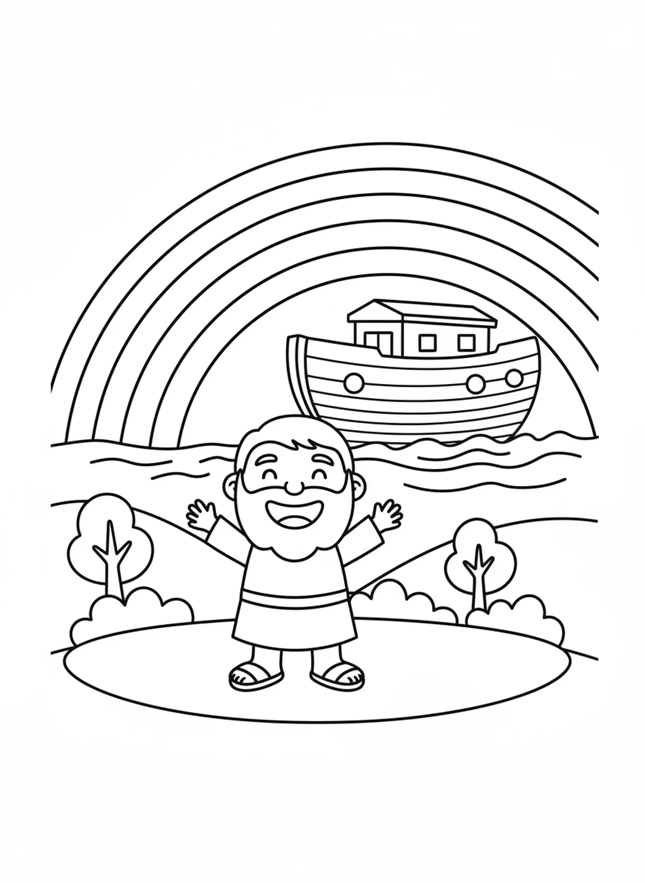 Regenbogen über Noah, Ausmalbild mit Löwe für Vorschulkinder im Alter von 3-5 Jahren
