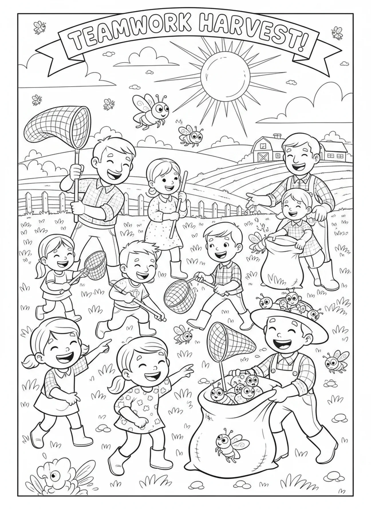 Grupo de agricultores y niños trabajando juntos, página para colorear sobre langostas de la Biblia para niños de 5 a 10 años