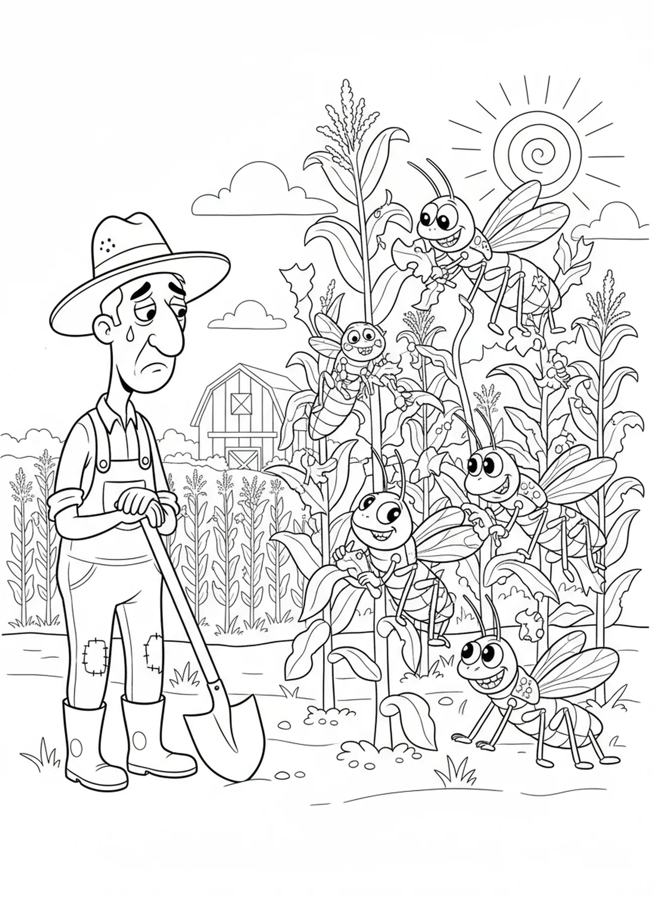 Grupo de langostas caricaturescas comiendo cultivos, página para colorear de langostas bíblicas para niños de 5 a 10 años